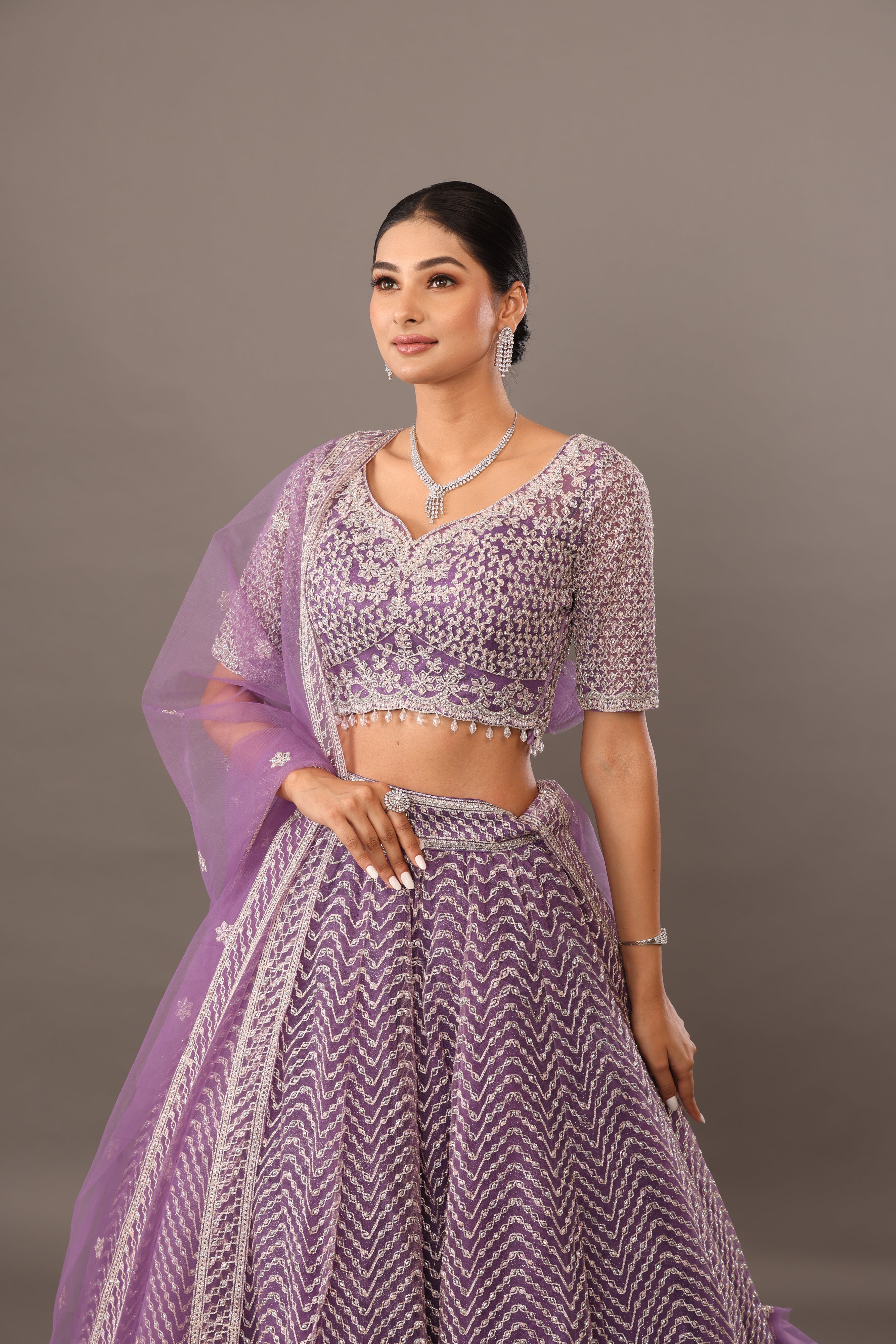 Lilac net base lehenga with embellishments