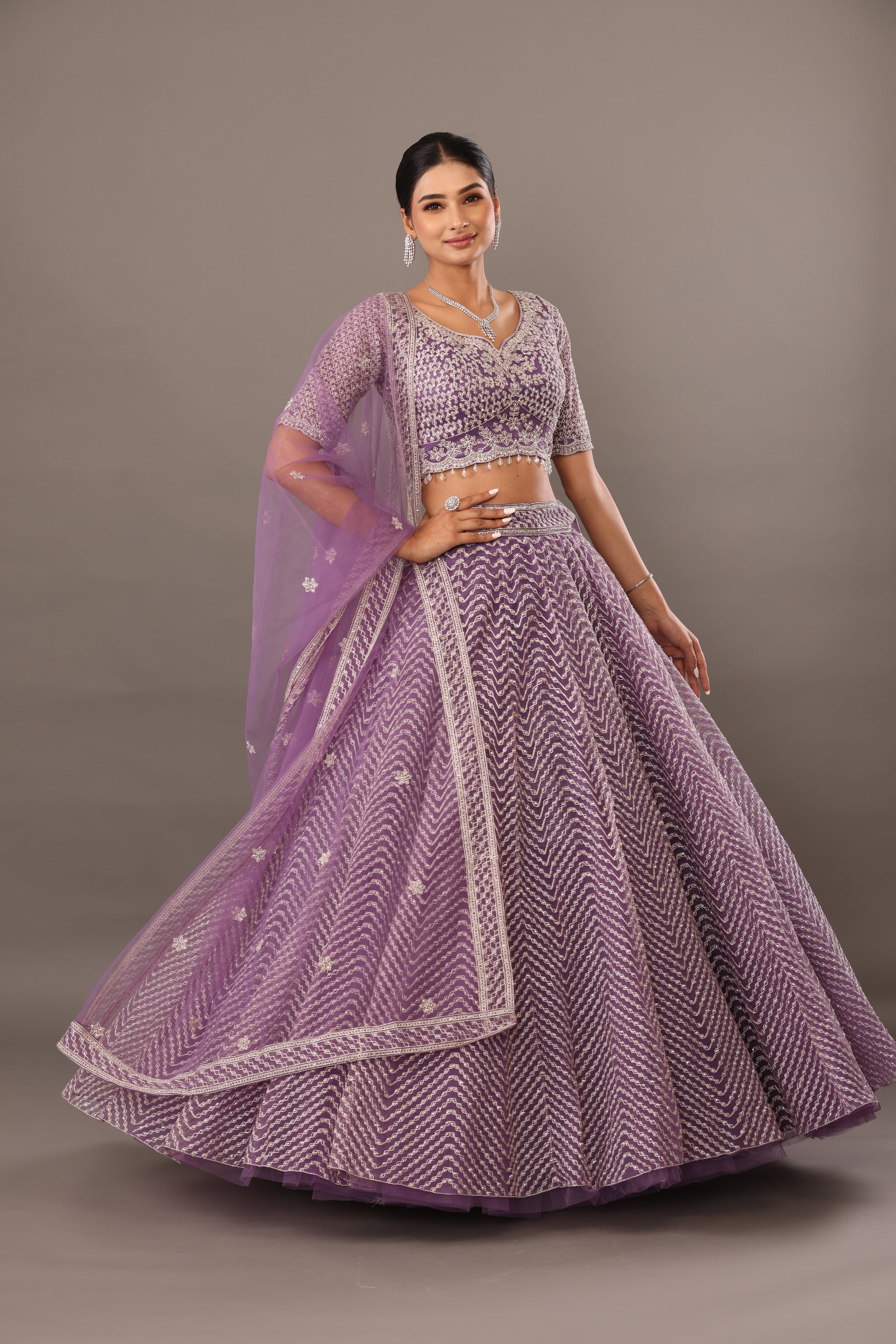 Lilac net base lehenga with embellishments