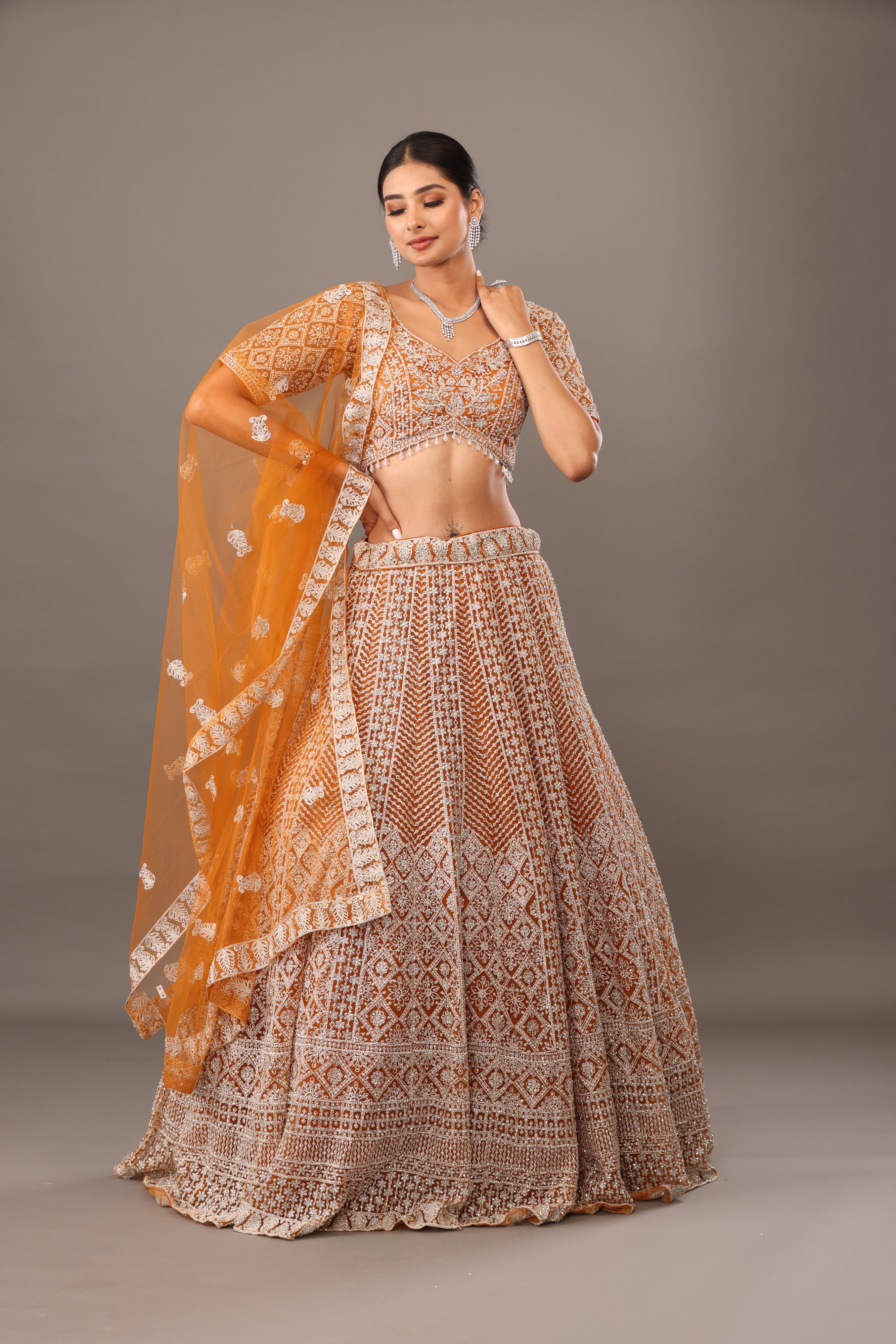 Yellow Net lehenga with embroidary