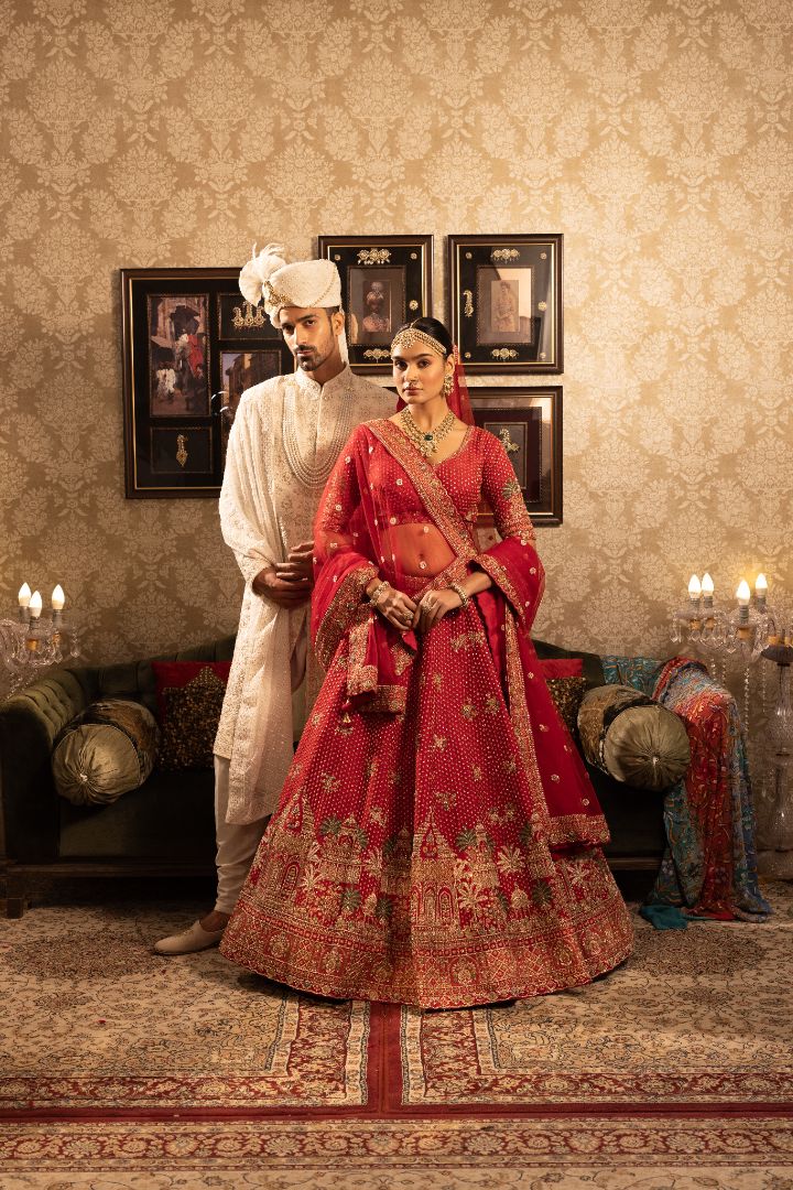 Red Silk Bridal Lehenga with Cutdana & Sequins Embellishments and Double Dupatta
