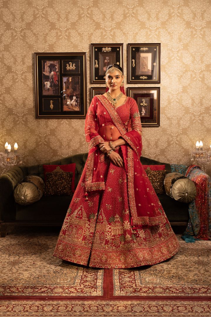 Red Silk Bridal Lehenga with Cutdana & Sequins Embellishments and Double Dupatta