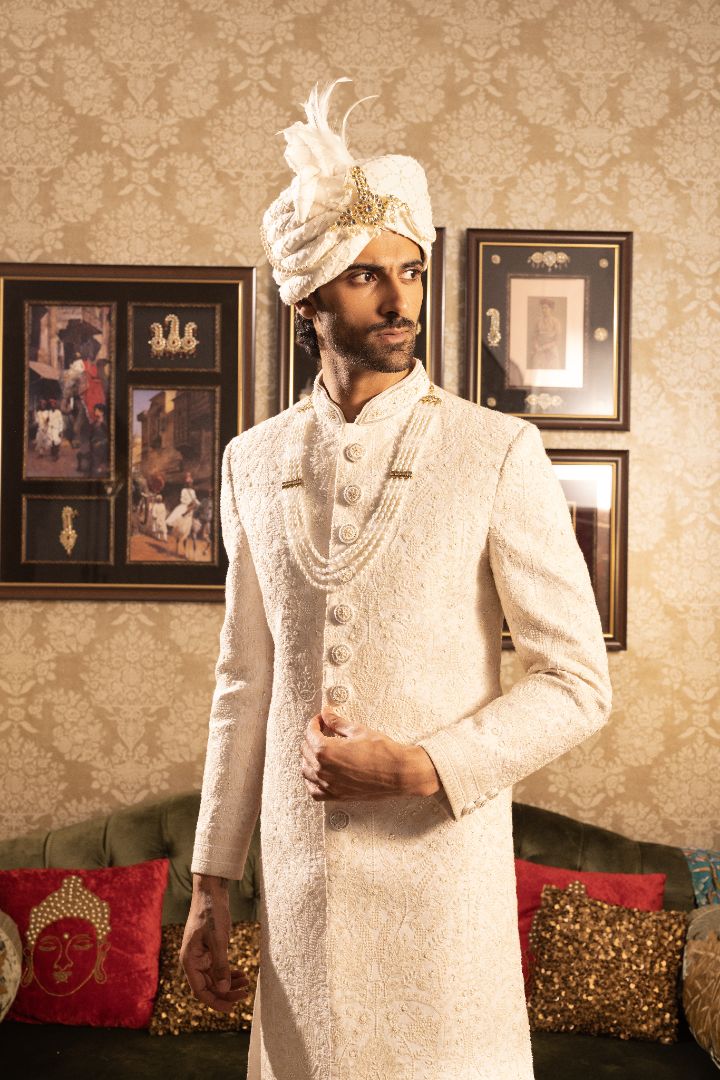 ivory Sherwani with hand embroidery