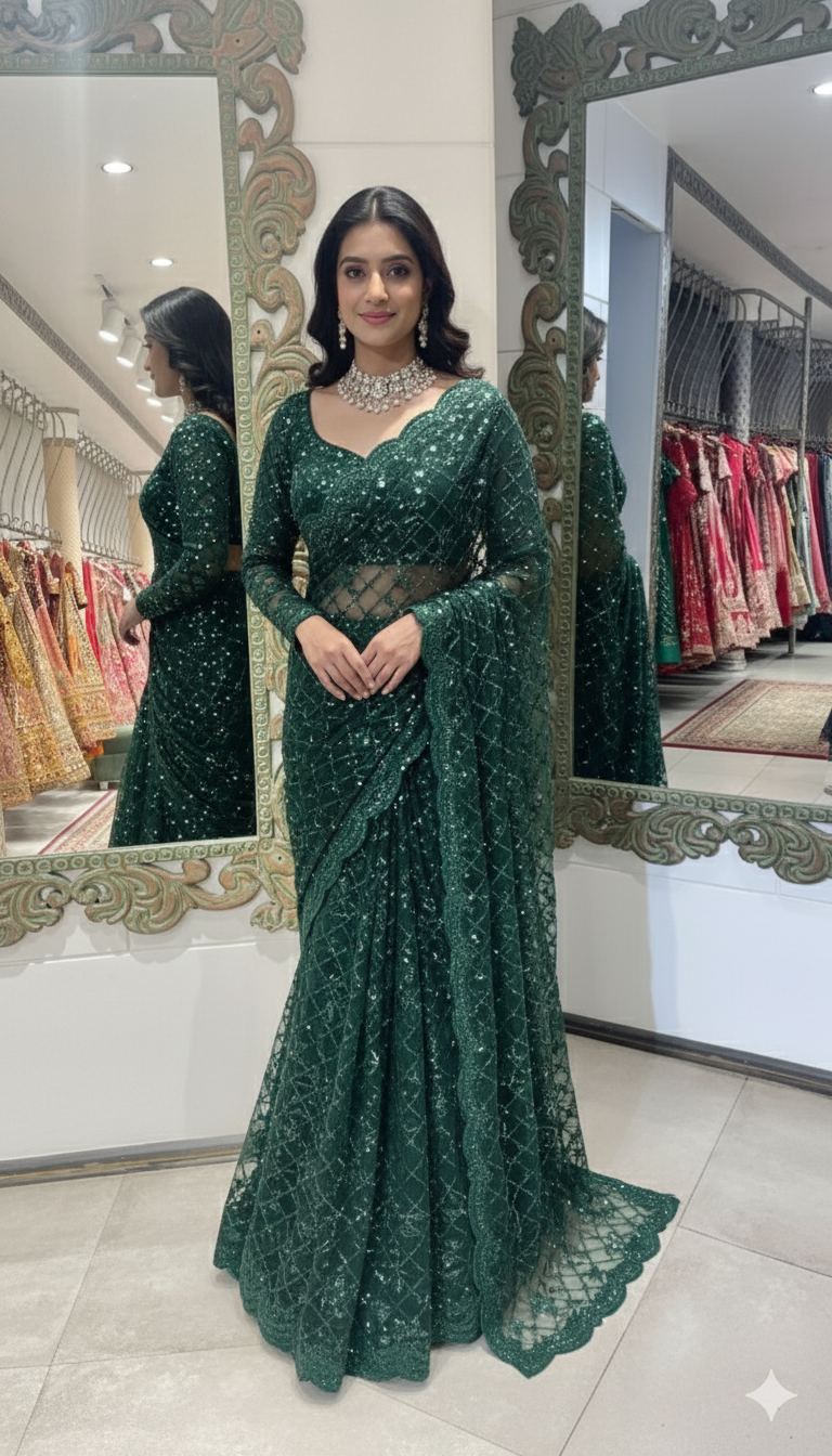 Emerald Green Sequin Saree with Embellished Blouse