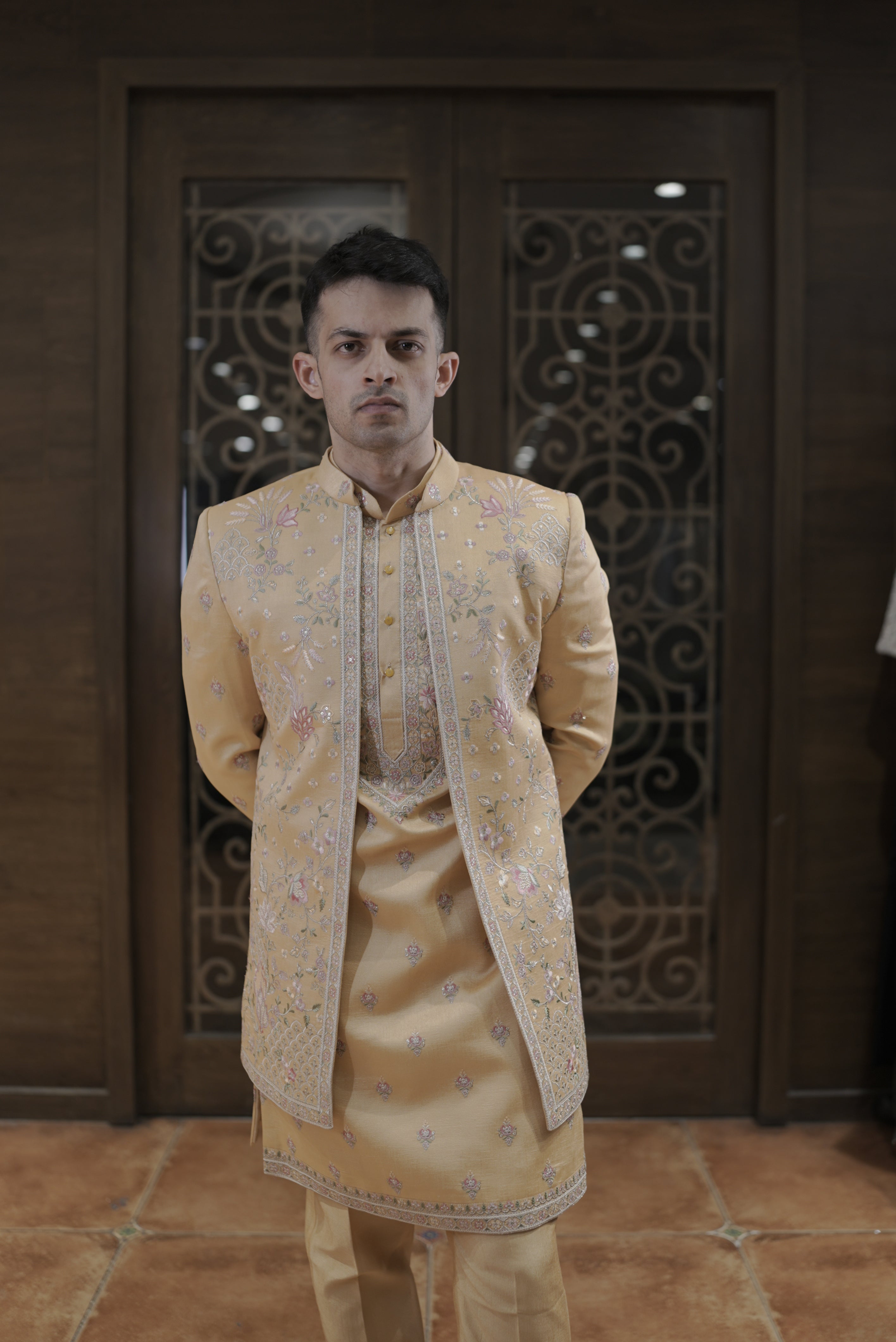 Yellow silk indo western with thread work