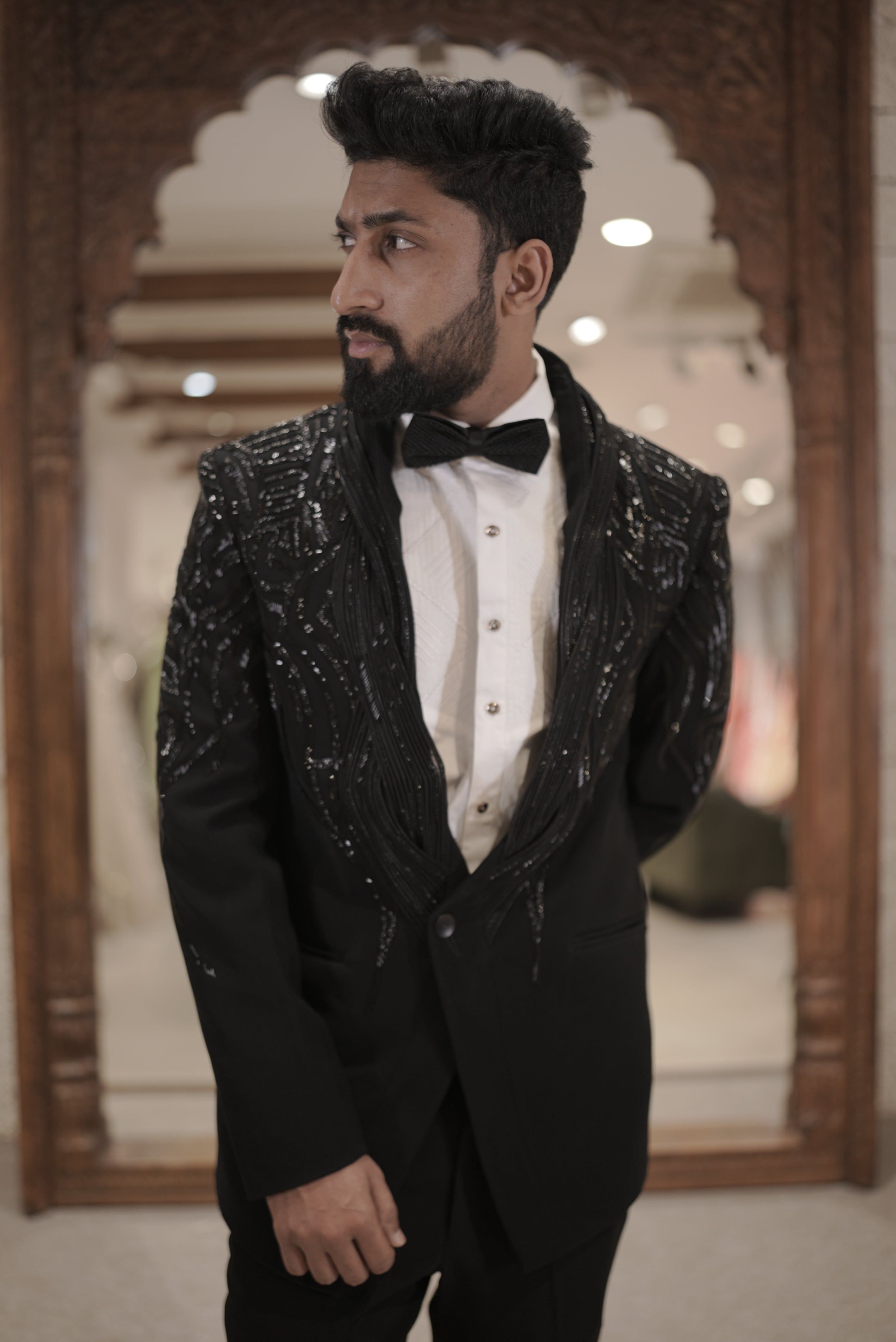 Black tuxedo with embroidered collar