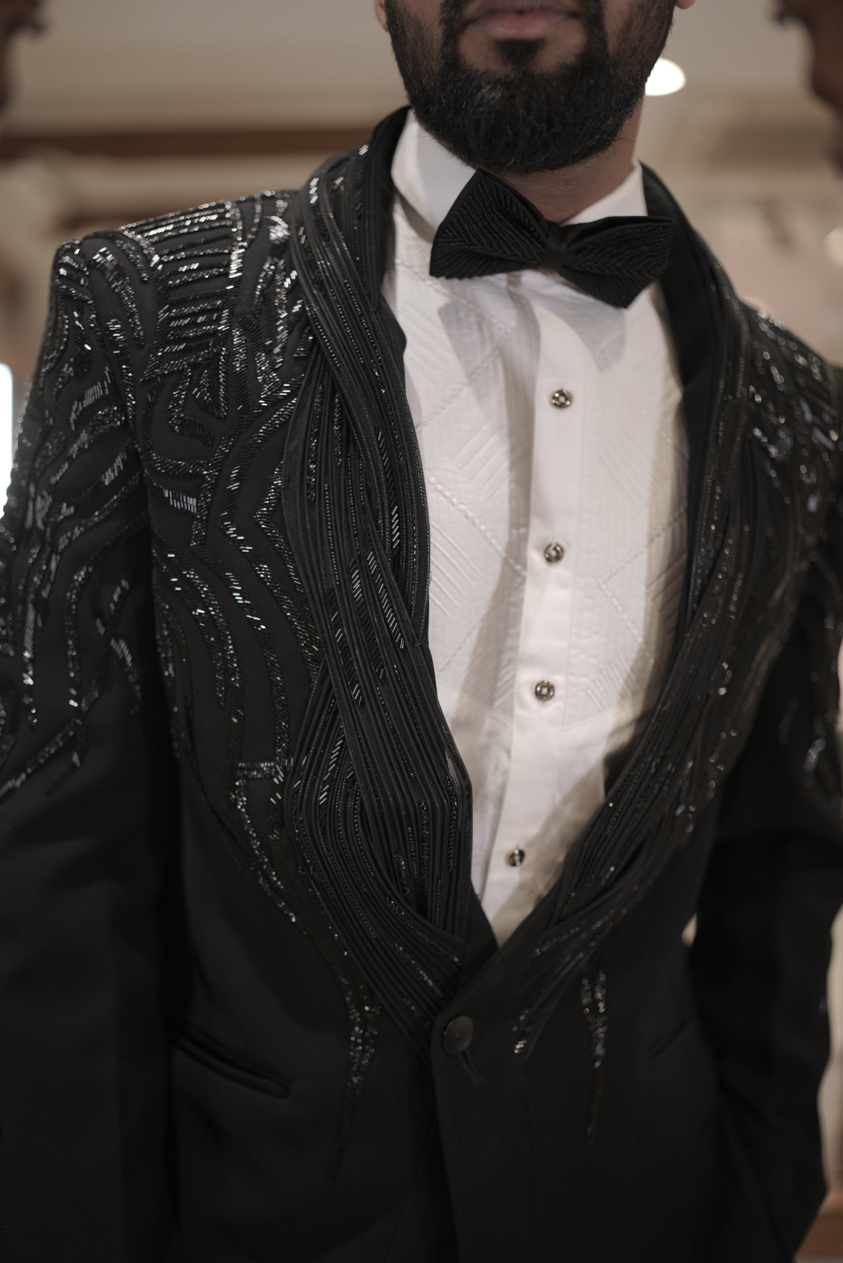 Black tuxedo with embroidered collar