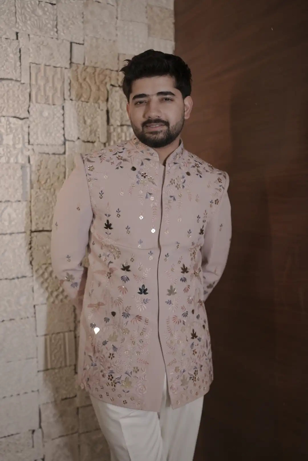 Pastel Pink Bandgala with floral motifs & Mirrorwork