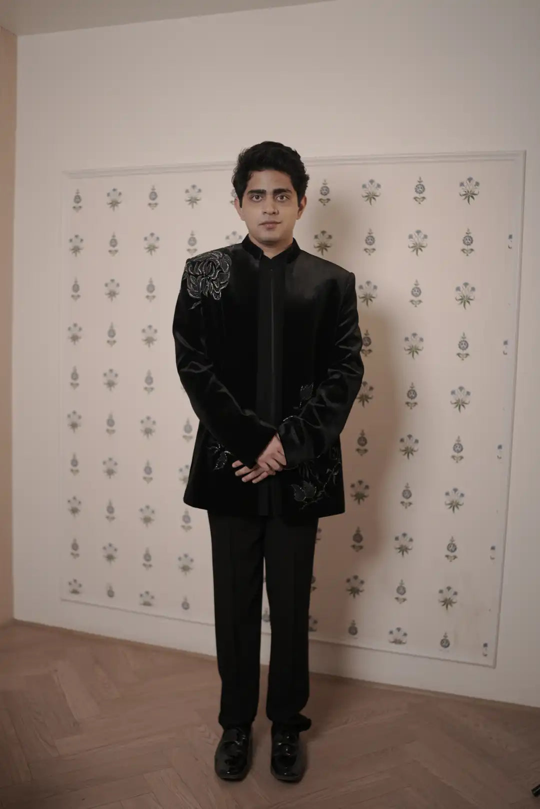 Black Vevet jacket style Indo-western with floral motifs