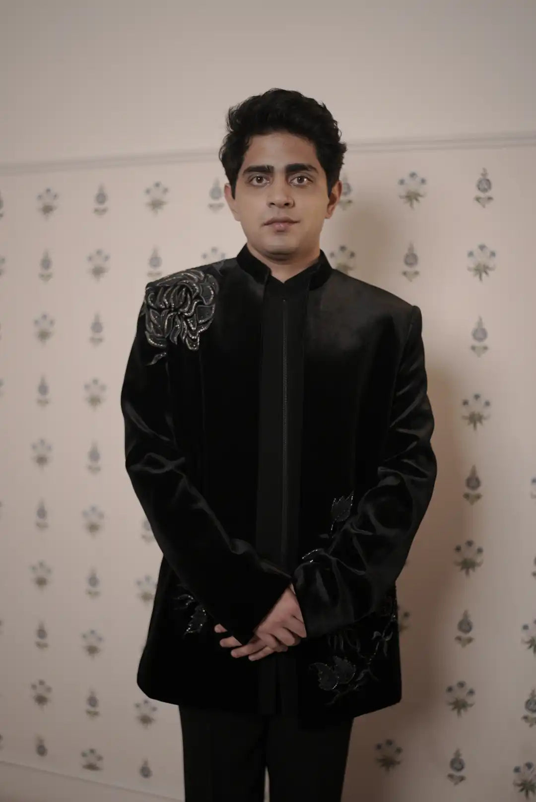 Black Vevet jacket style Indo-western with floral motifs