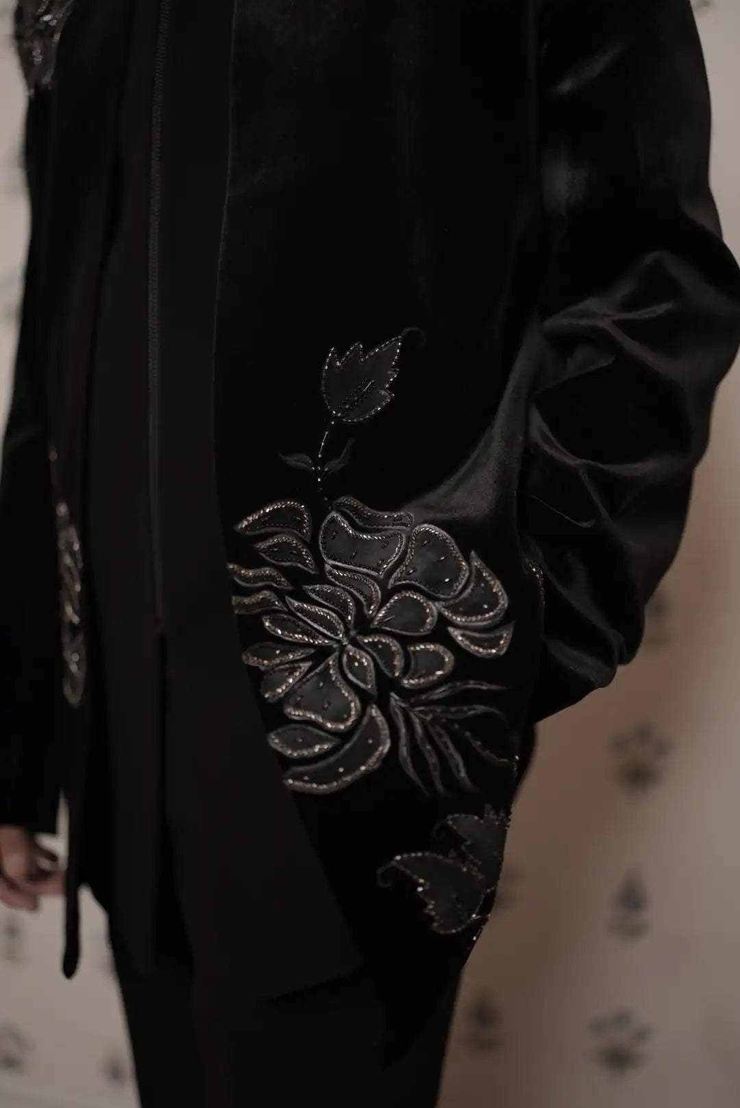 Black Vevet jacket style Indo-western with floral motifs