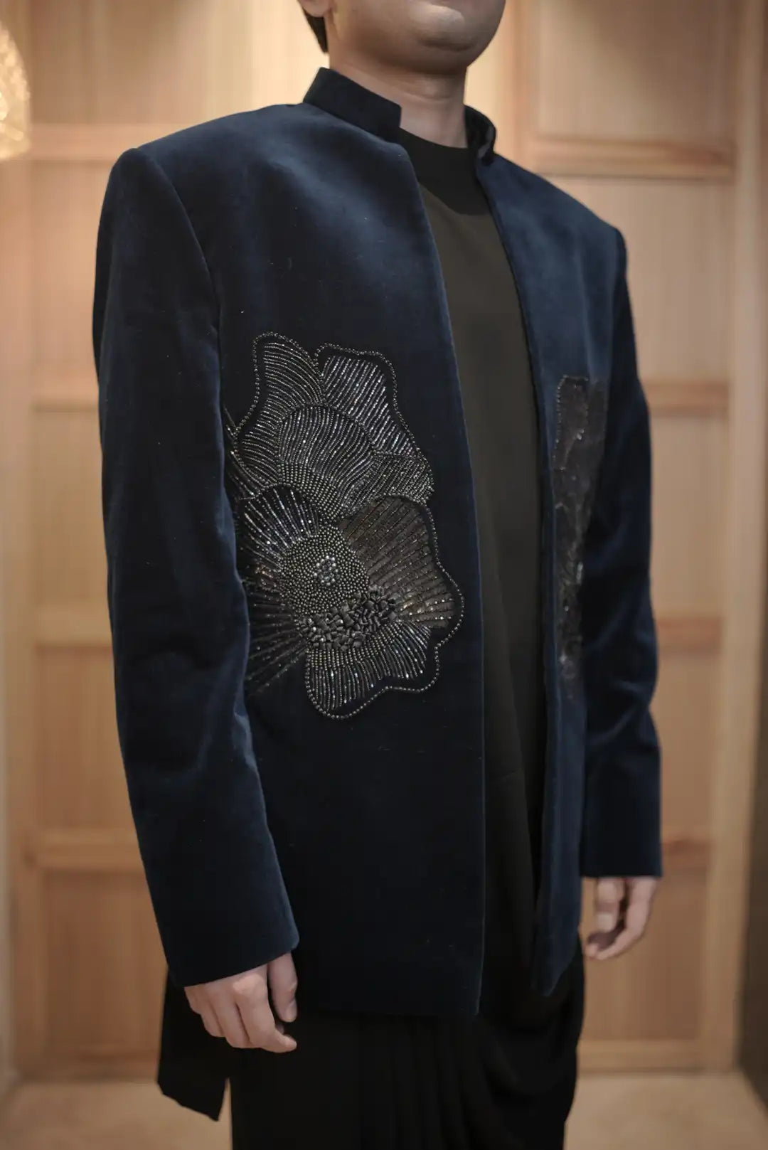 Blue Velvet Indowestern asymmetric kurta set & floral embroidery