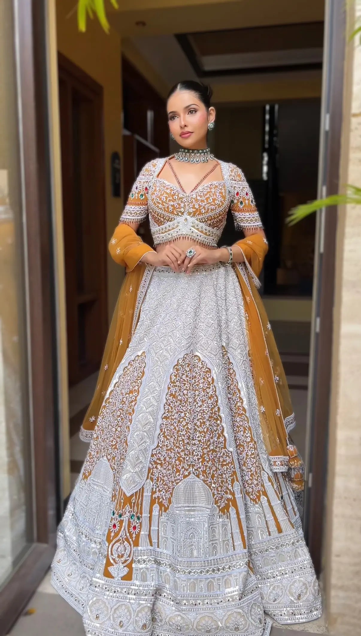 Mustard Georgette Taj Motif Lehenga