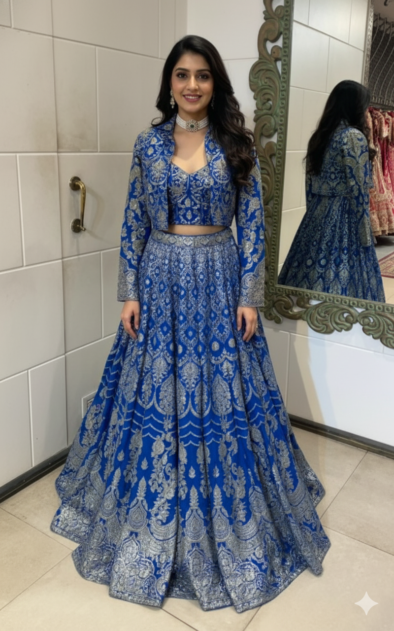 Woman in a blue embroidered traditional outfit standing in front of a mirror.