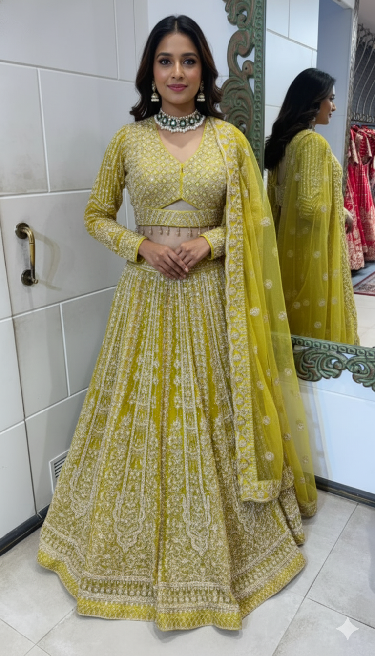Lime Yellow Embroidered Lehenga with Intricate Zari Detailing