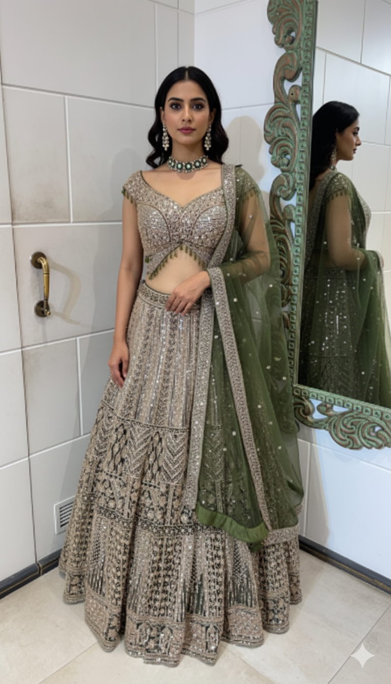 Olive Green Heavy Embroidered Zardozi Lehenga Set