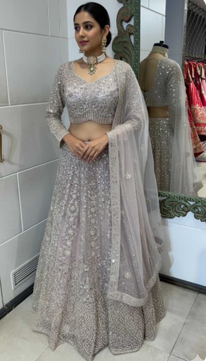 Woman wearing a silver embroidered traditional outfit in a room with tiled walls.