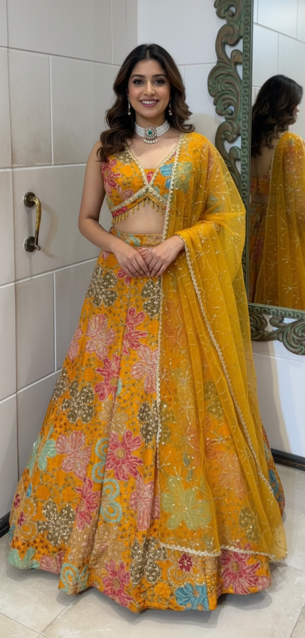 Woman in a yellow and multicolor traditional outfit standing in front of a mirror.