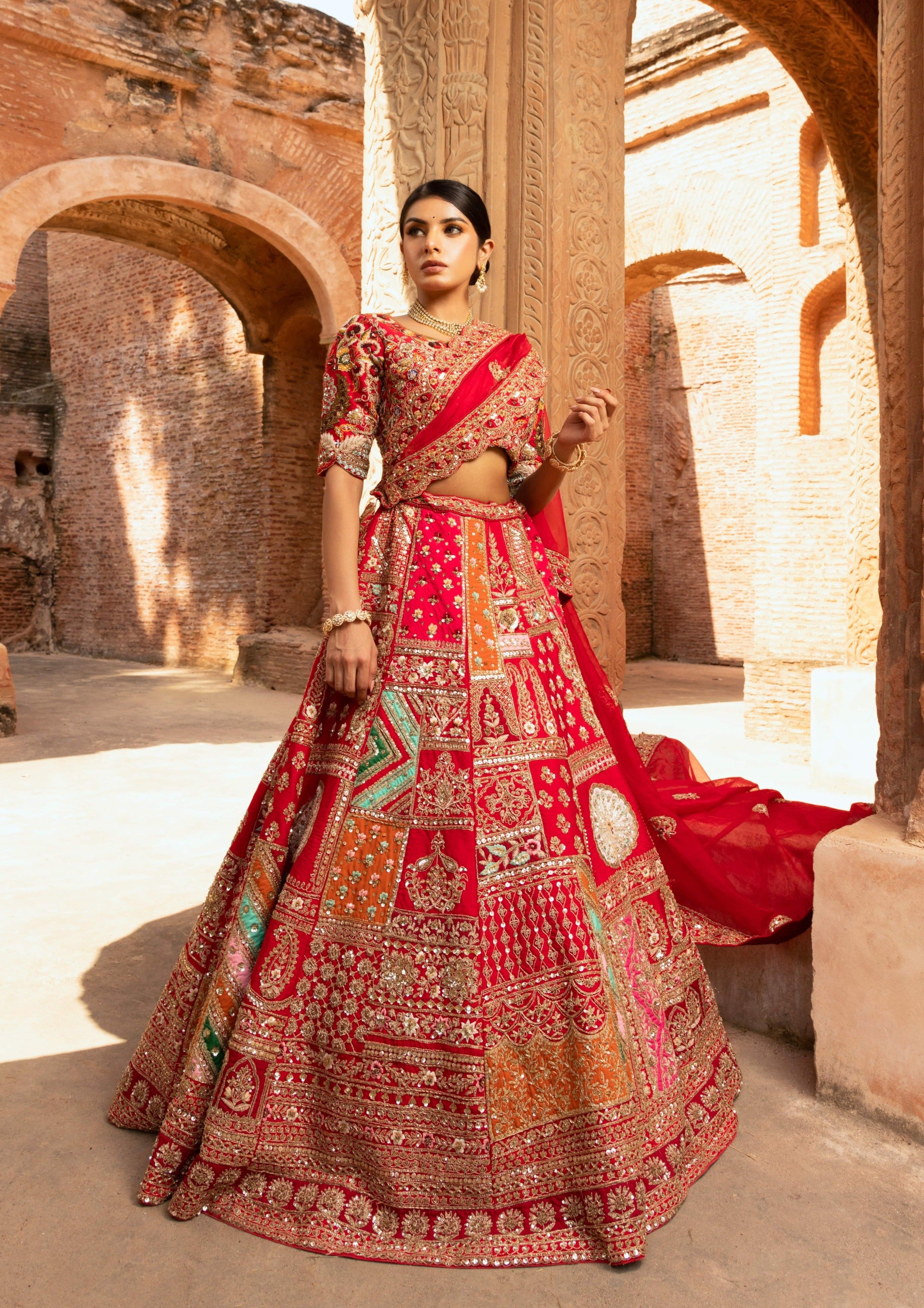 Heritage-Inspired Silk Lehenga with Multi-Color Embroidery