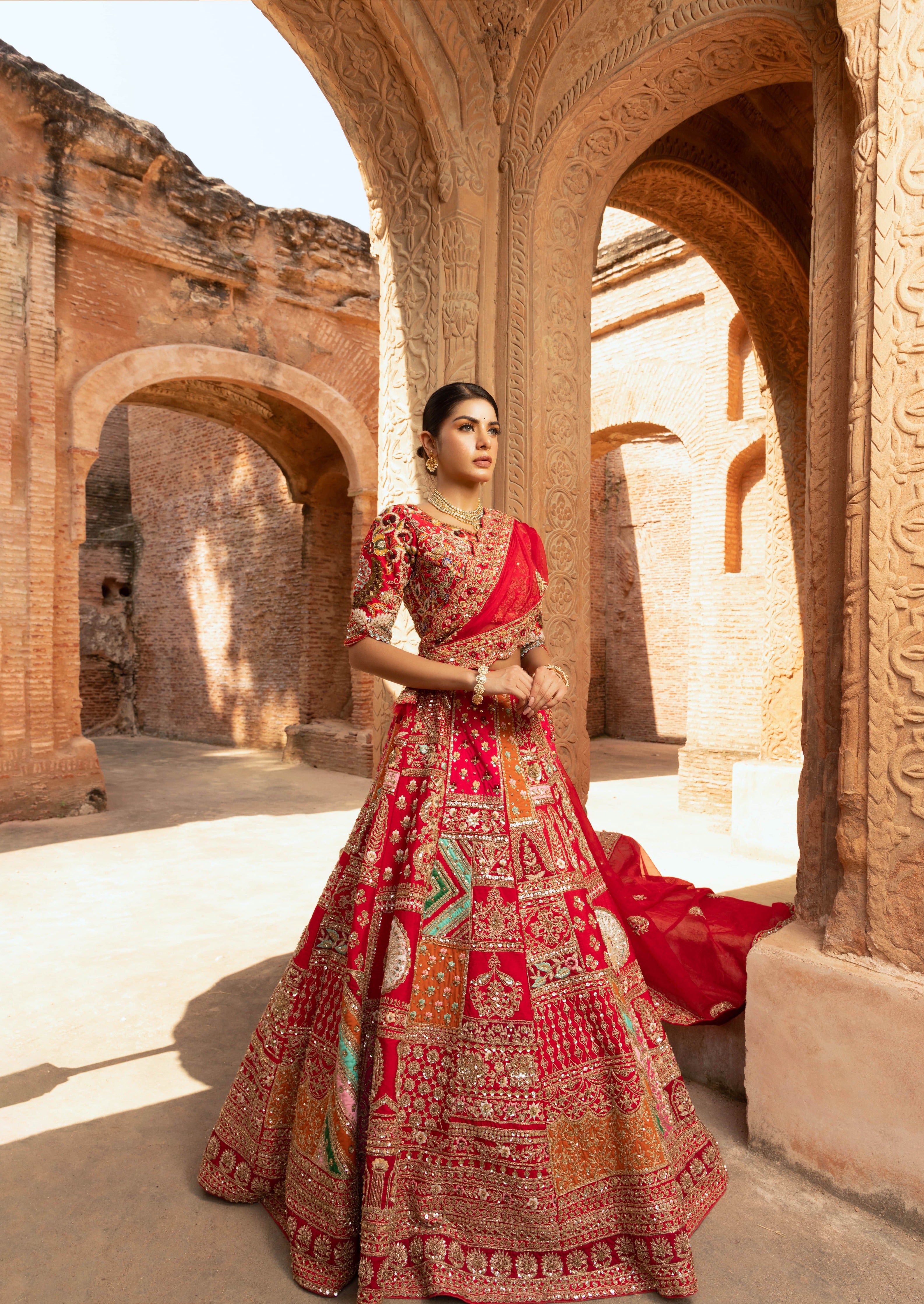 Heritage-Inspired Silk Lehenga with Multi-Color Embroidery