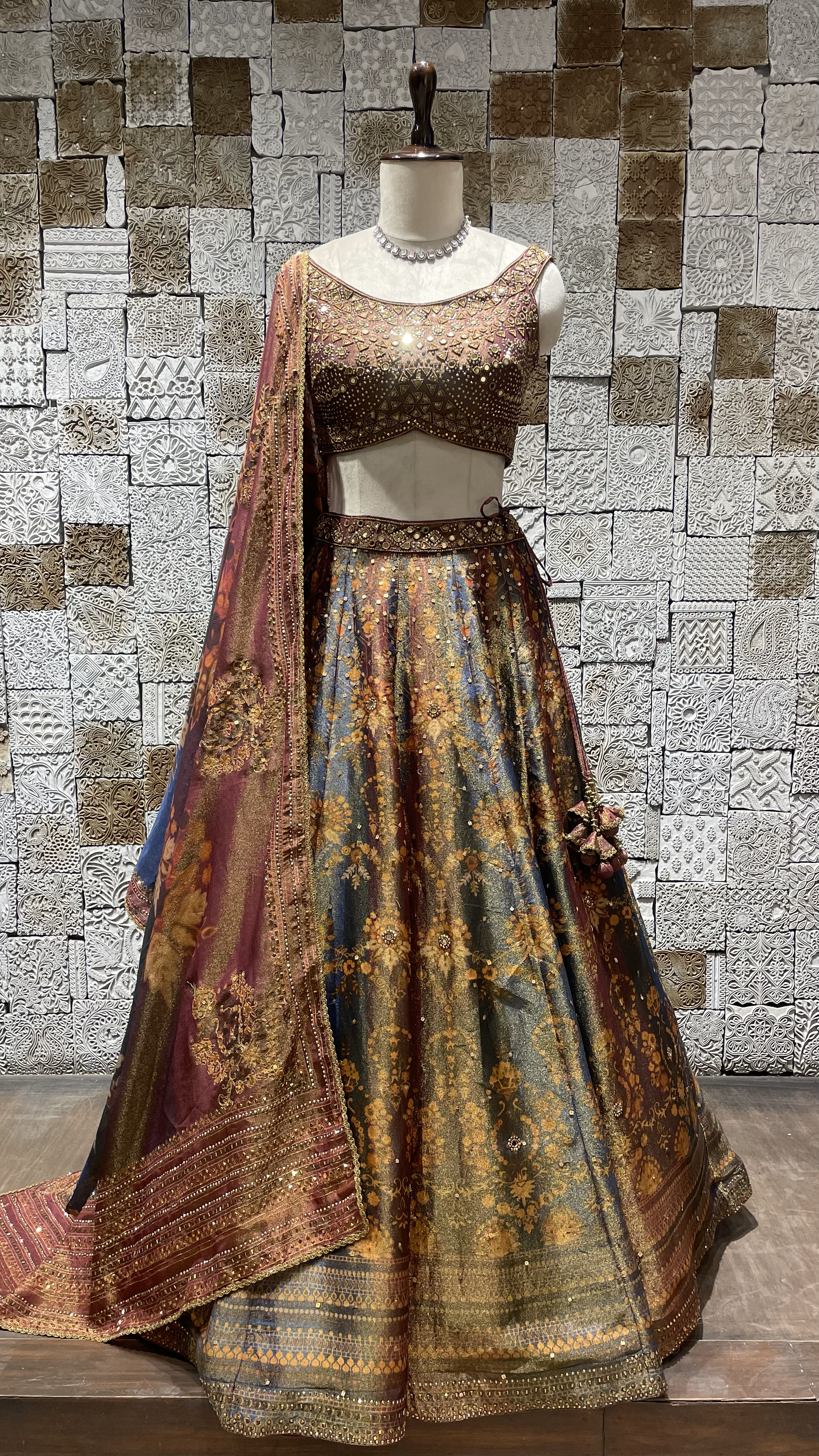 Multicolour tissue lehenga with mirrorwork