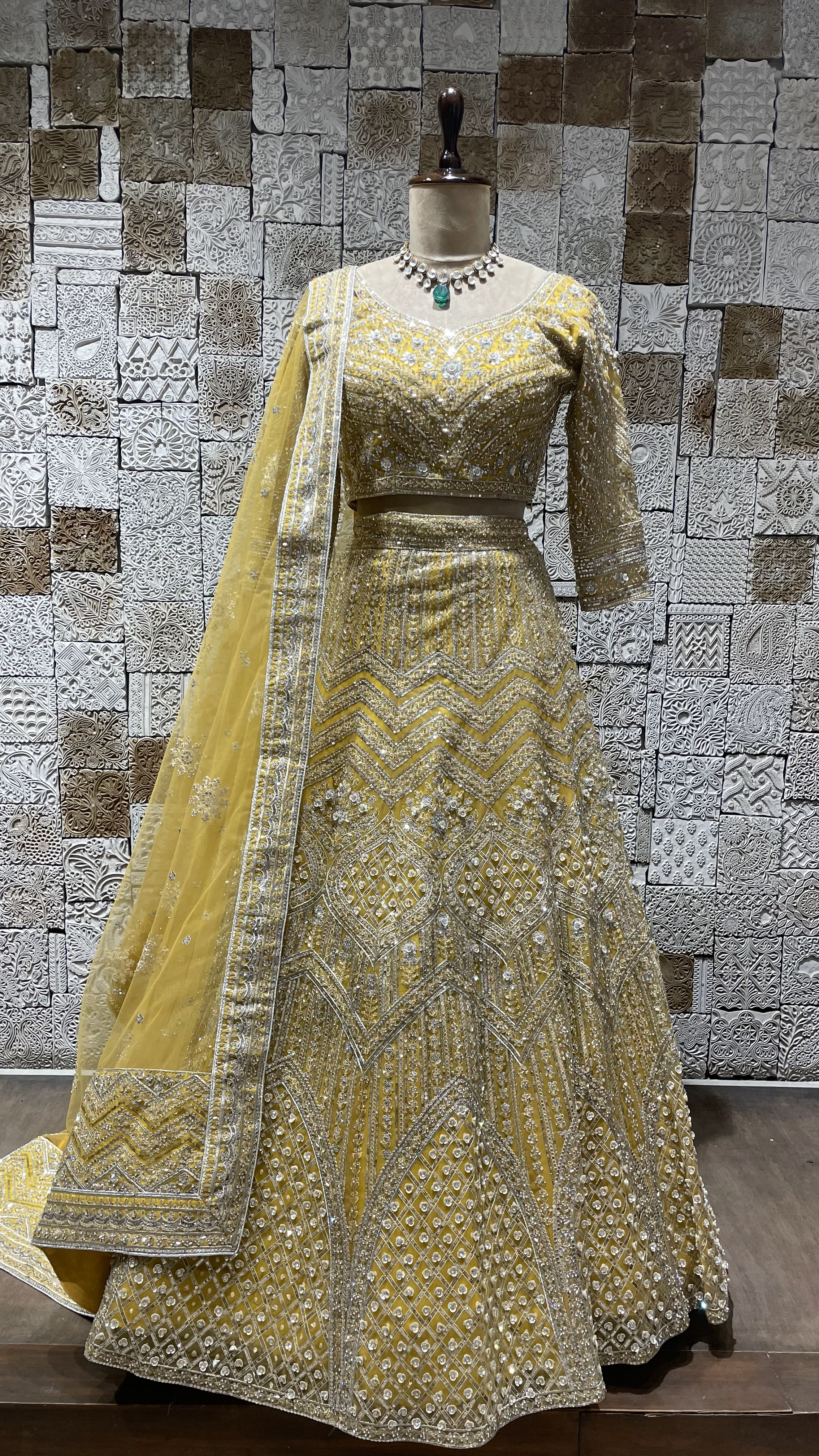 Yellow Net lehenga with mirrorwork