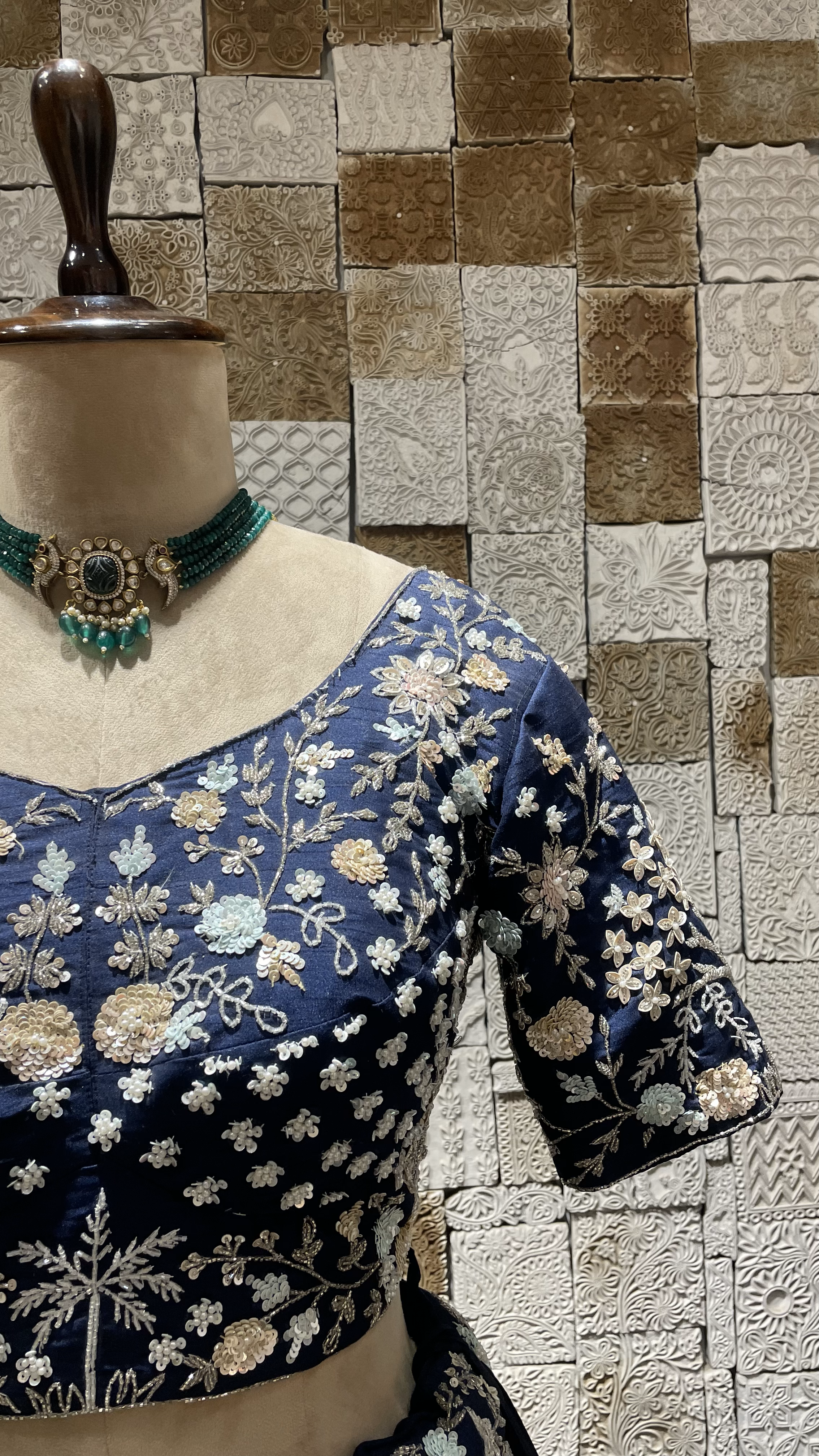 Blue Silk Lehenga with Sequins & Pearl Embellishments