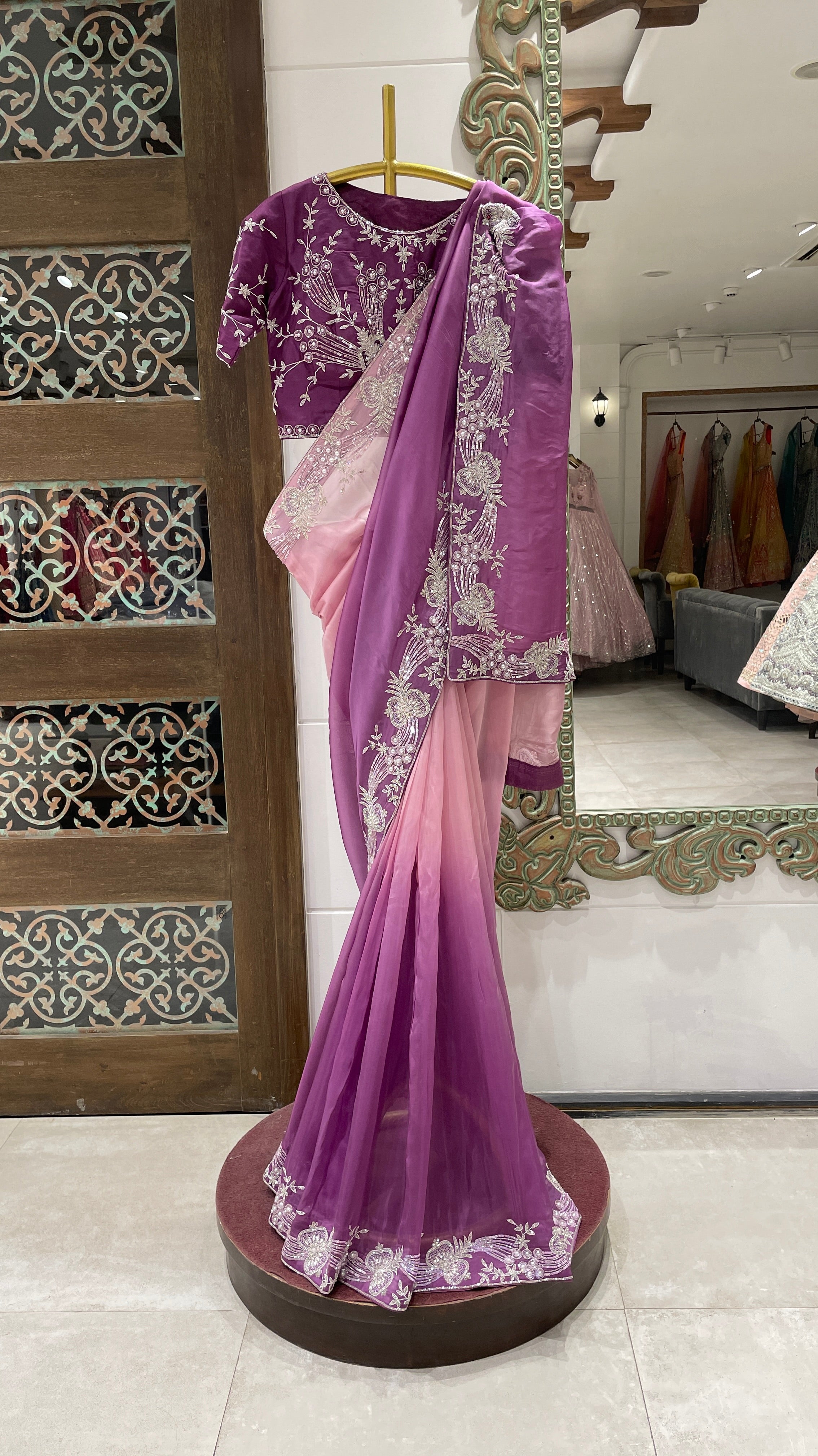 Red Powder crape Saree main image 1