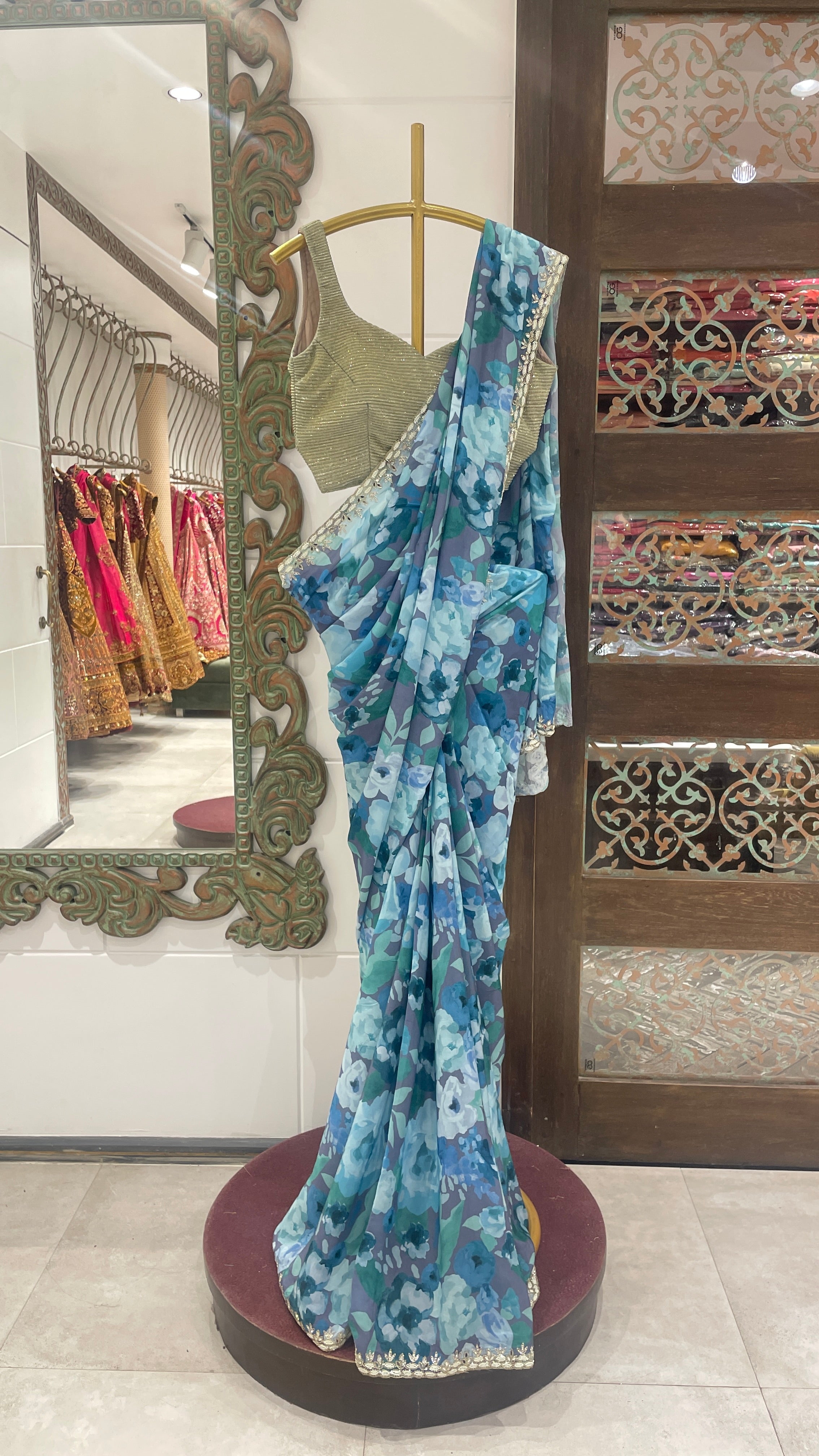 Floral Blue crepe saree