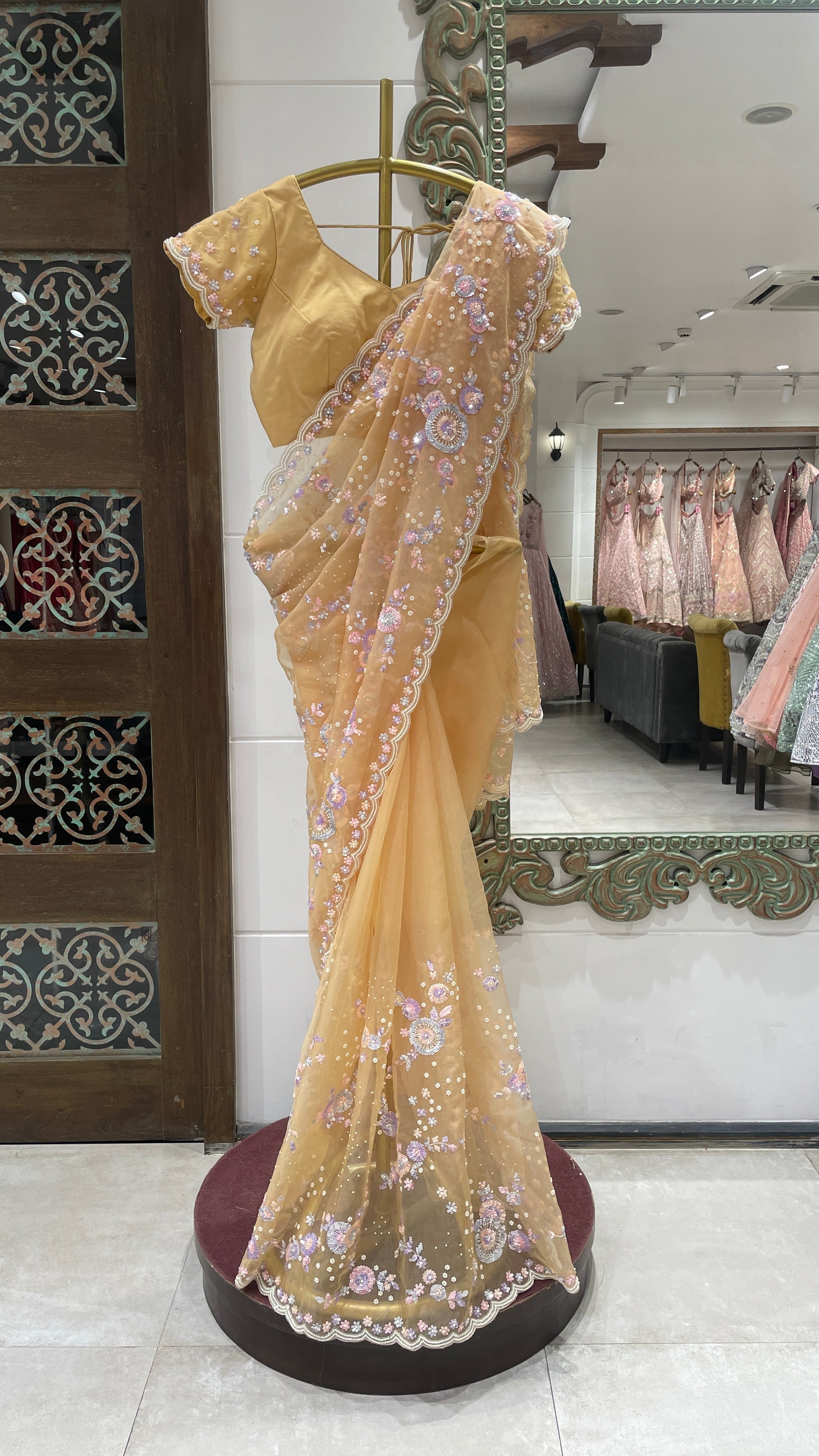 Yellow Saree with Pastel Floral Embroidery and Golden Blouse