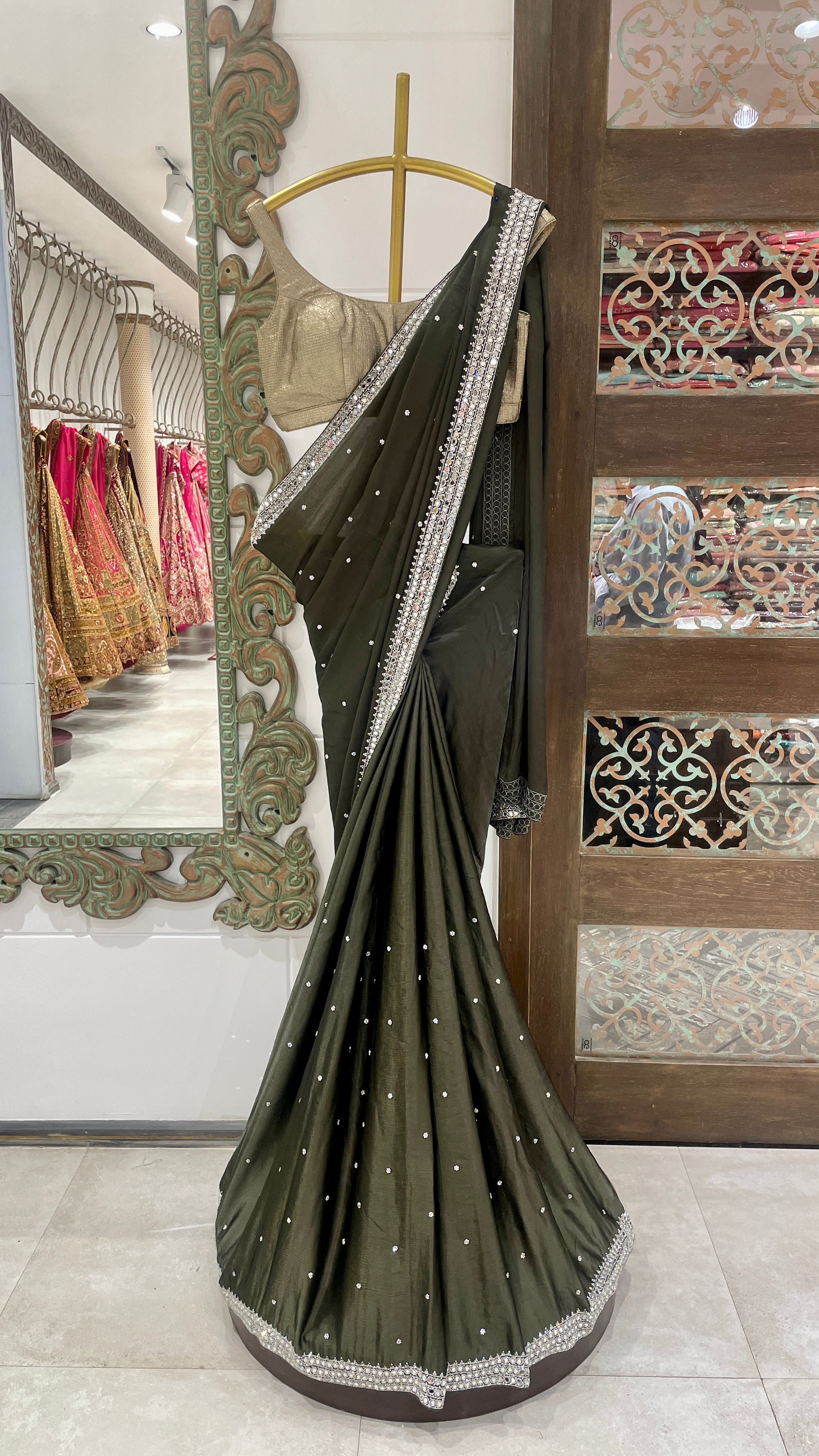 Green Crepe Saree with Mirrorwork