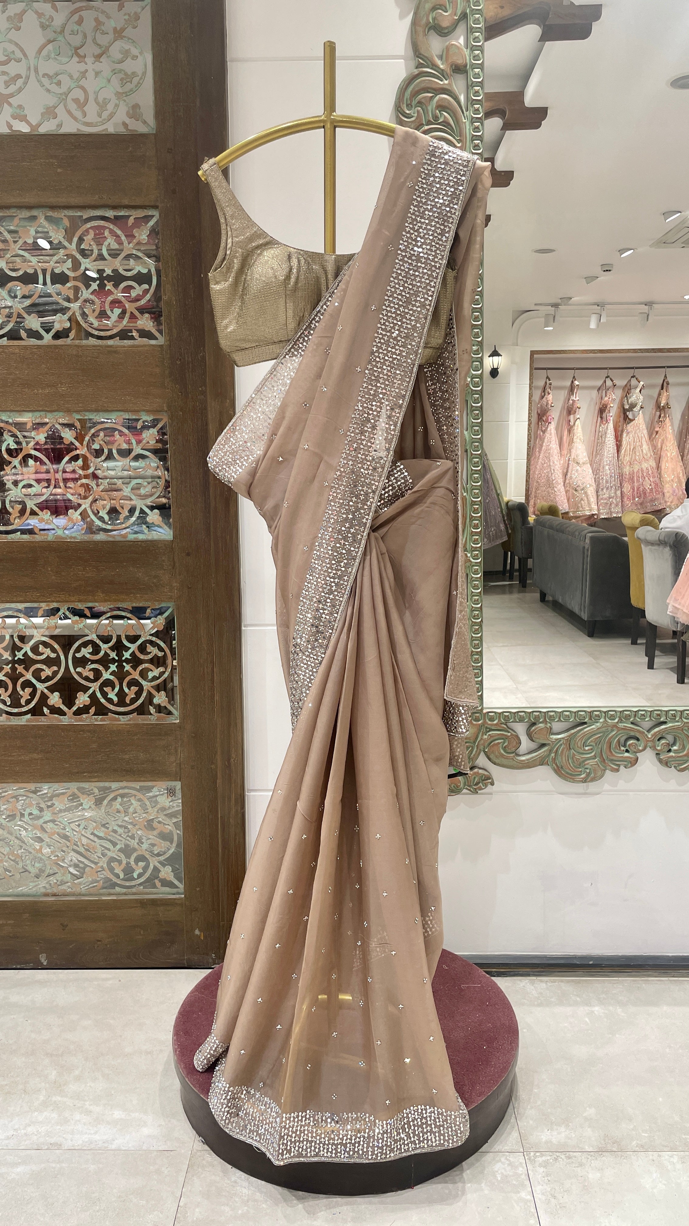 brown Saree with Pearl Embellished Border and Golden Blouse