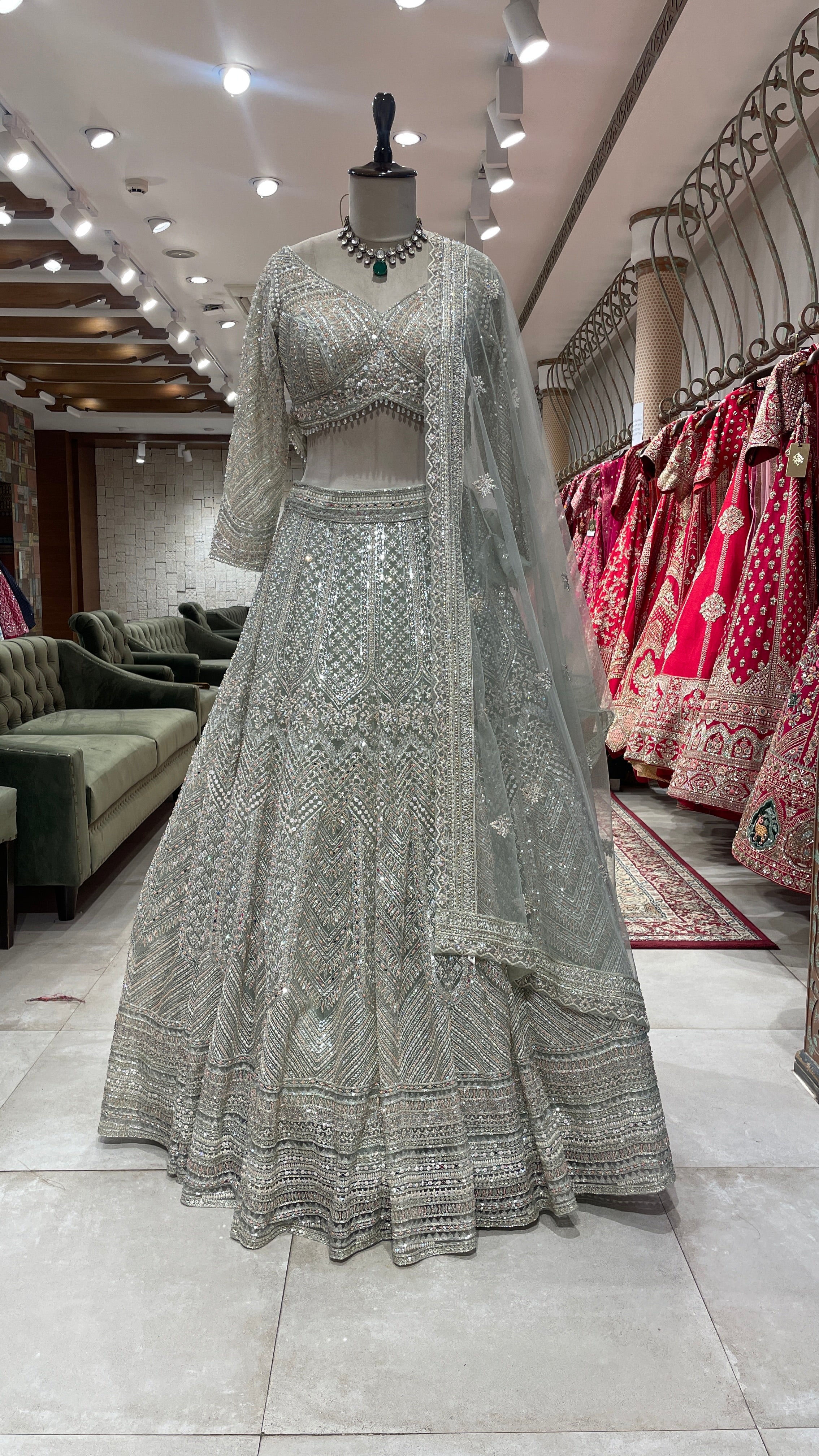 Pastel green colour lehenga with pearl and beadwork