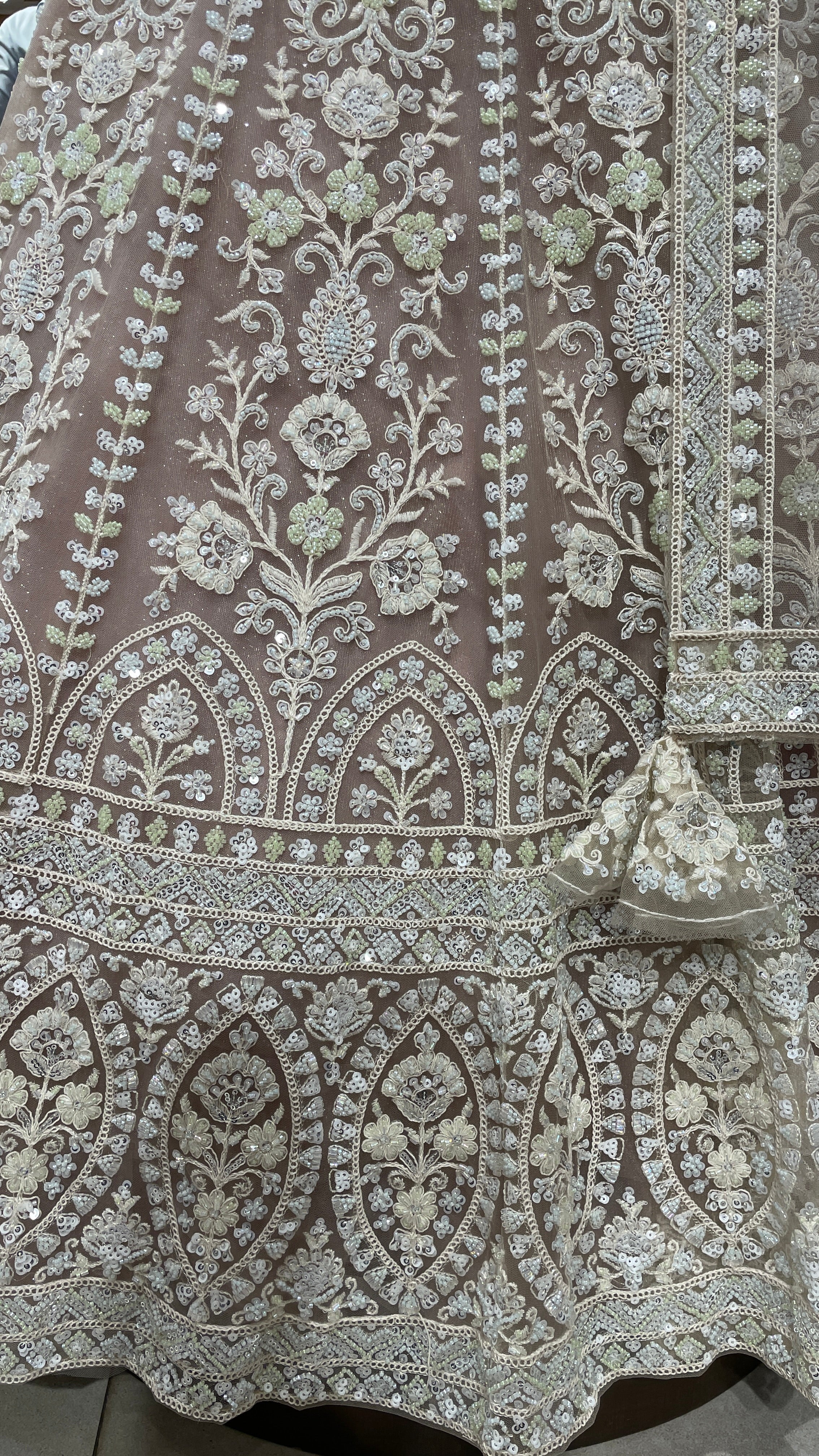 Pink colour lehenga with white threadwork