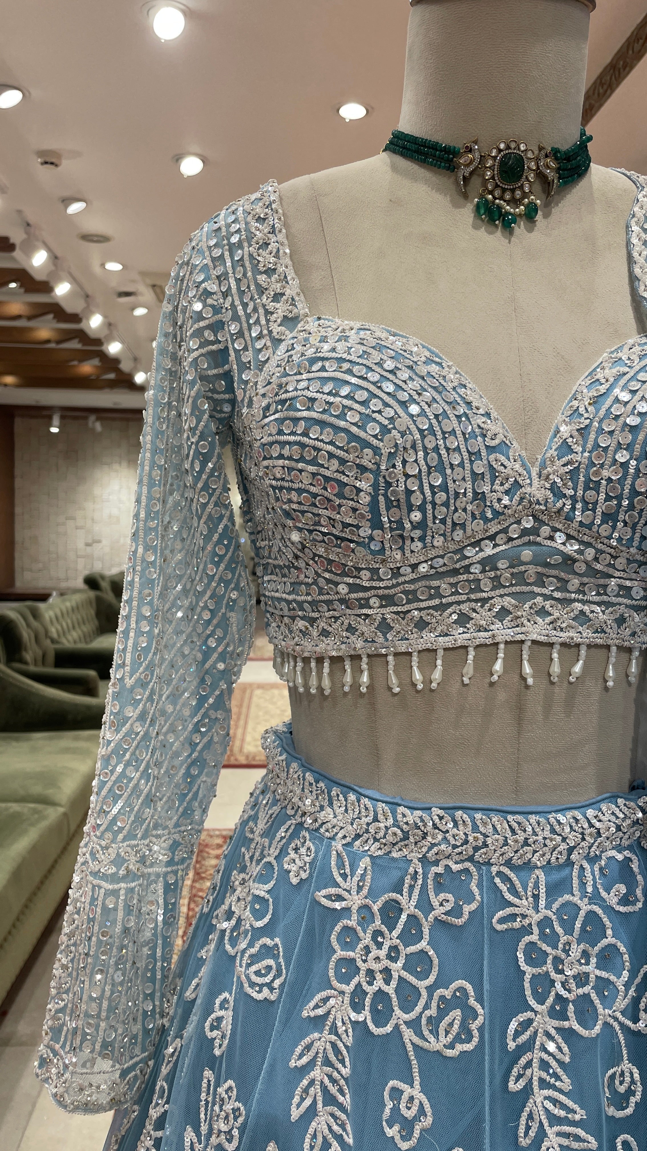 Powder blue Colour lehenga with white sequins work