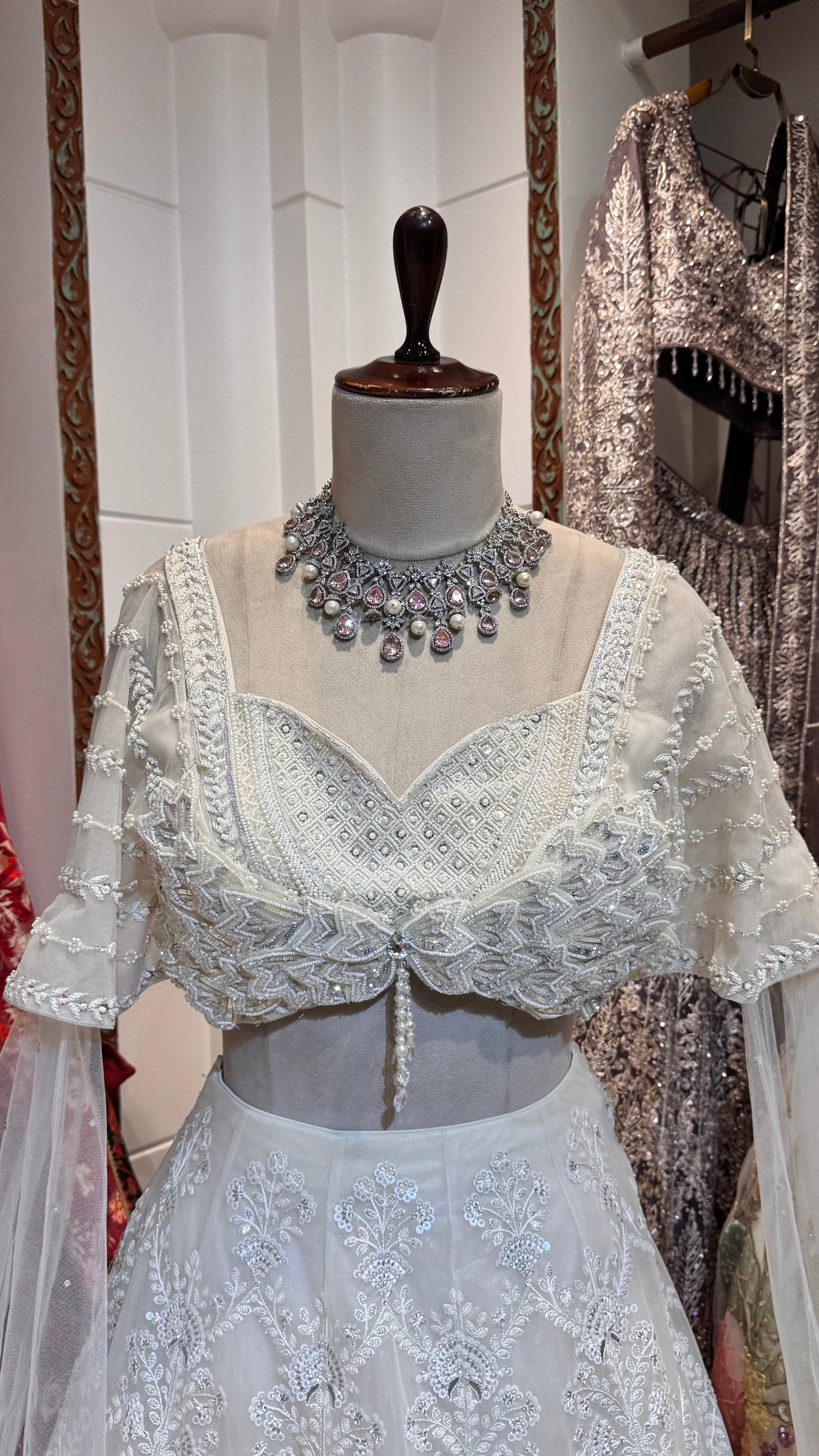 White on white embroidery lehenga