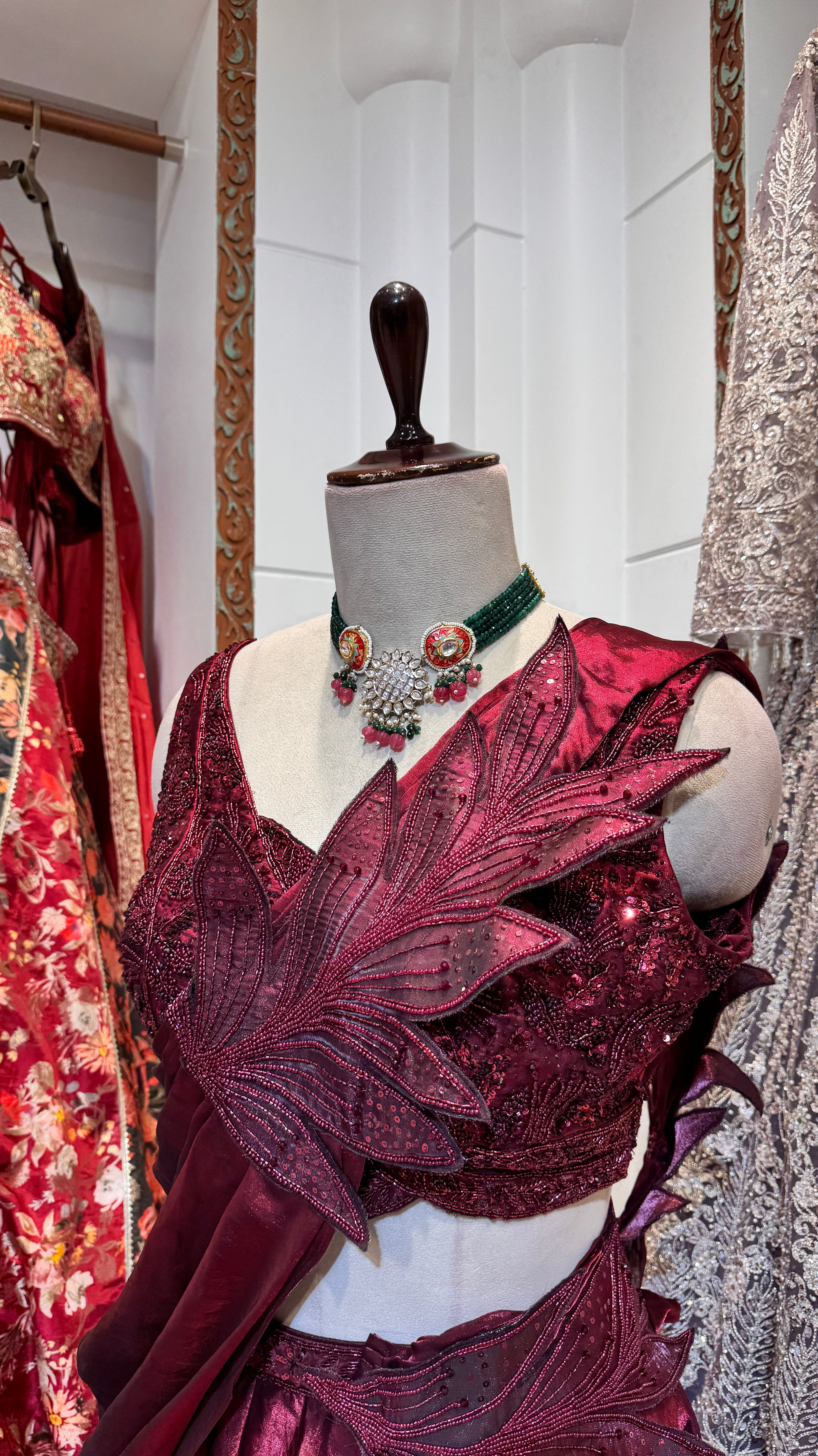 Red saree style lehenga