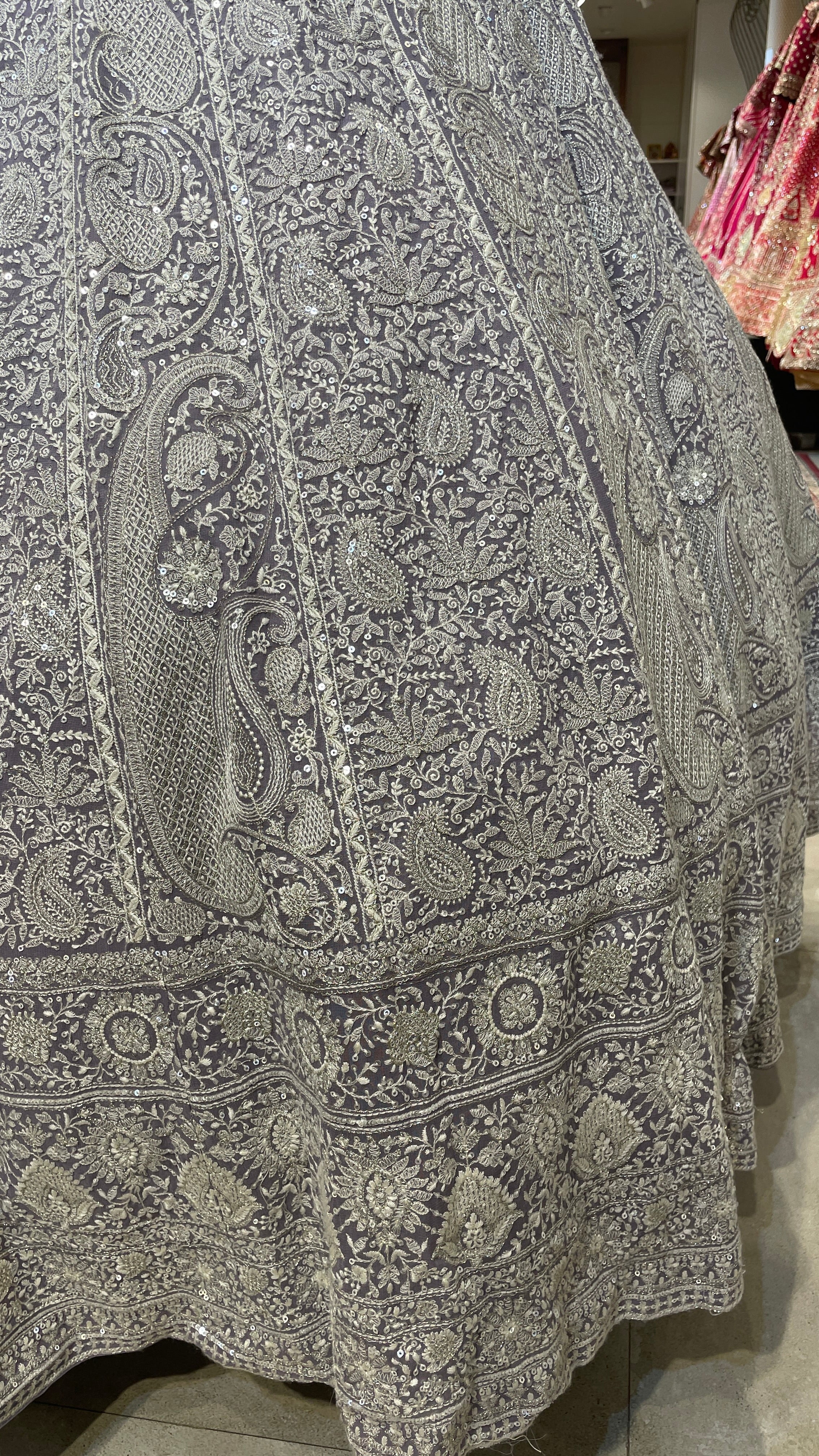 Lavender Georgette chikankari lehenga with paisley buti