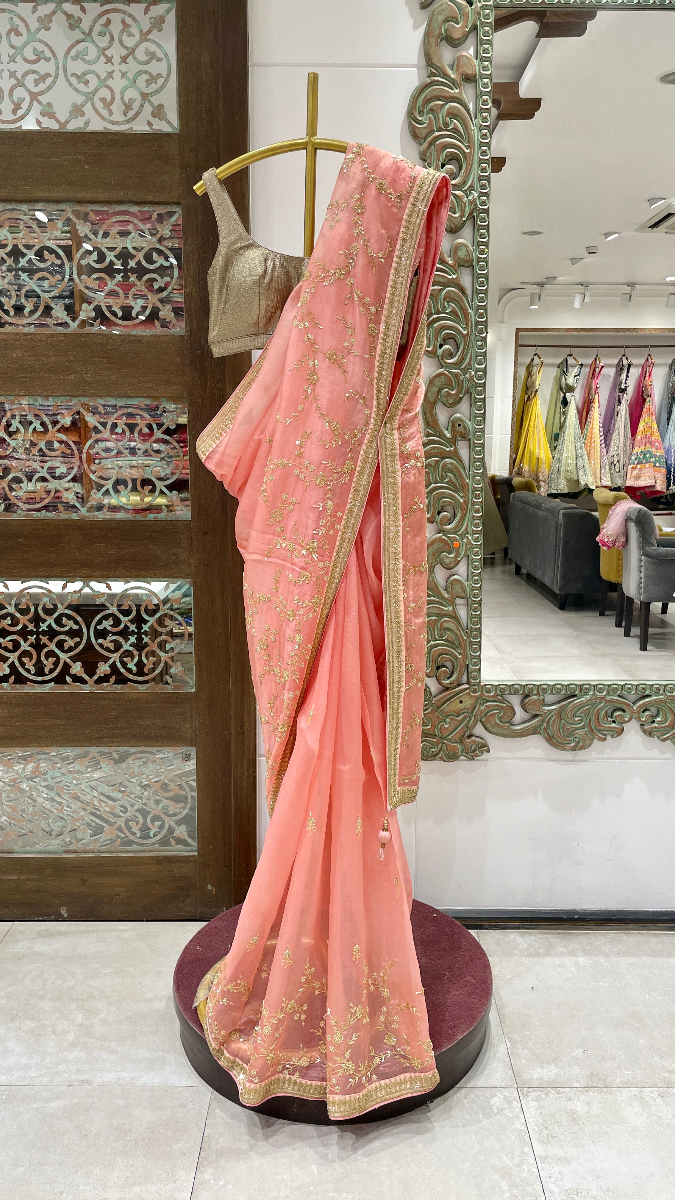 Pink Saree with Golden Embroidery and Embellished Border
