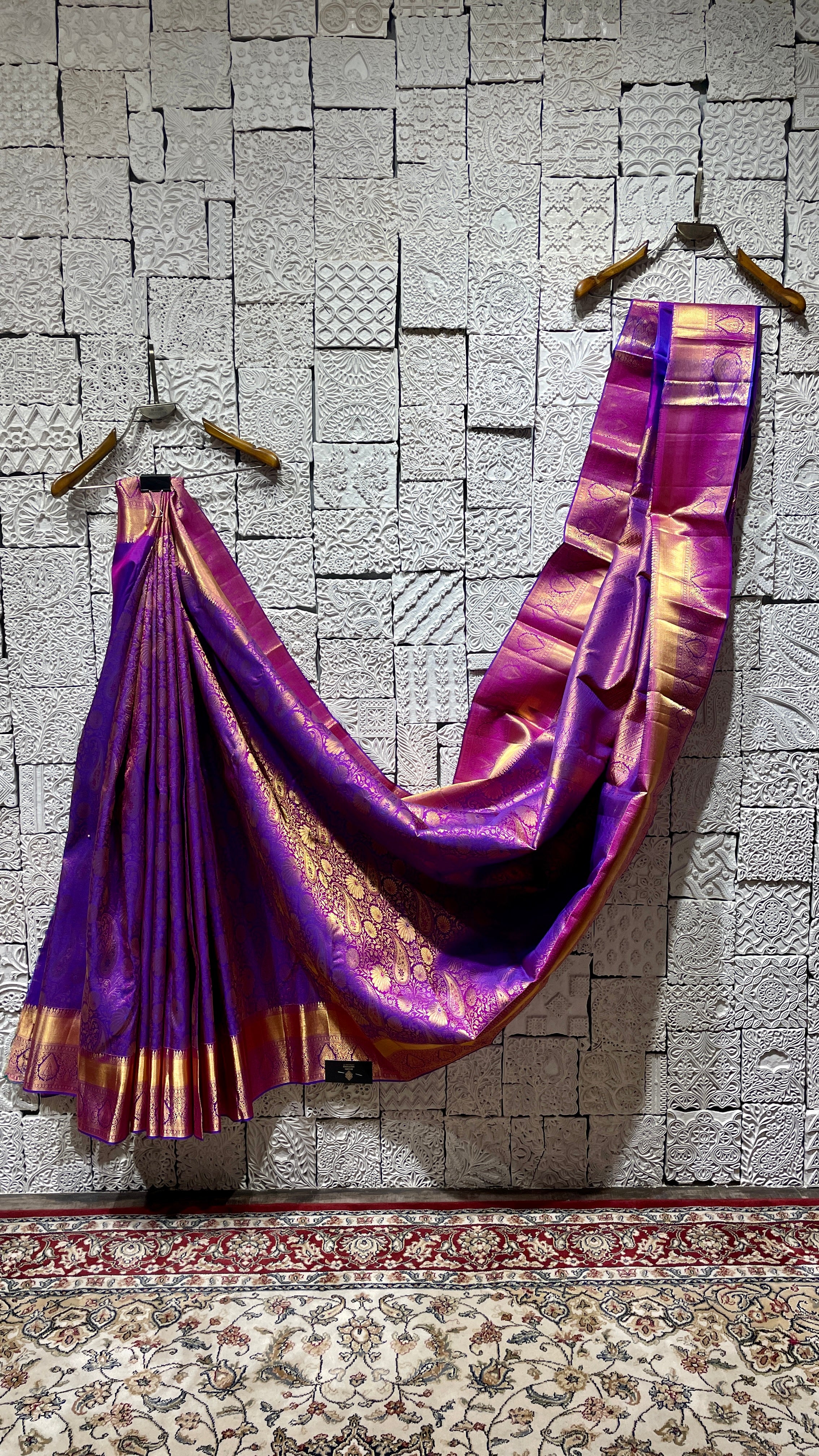 Purple Kanjivaram Silk Saree with Pink and Gold Zari Border