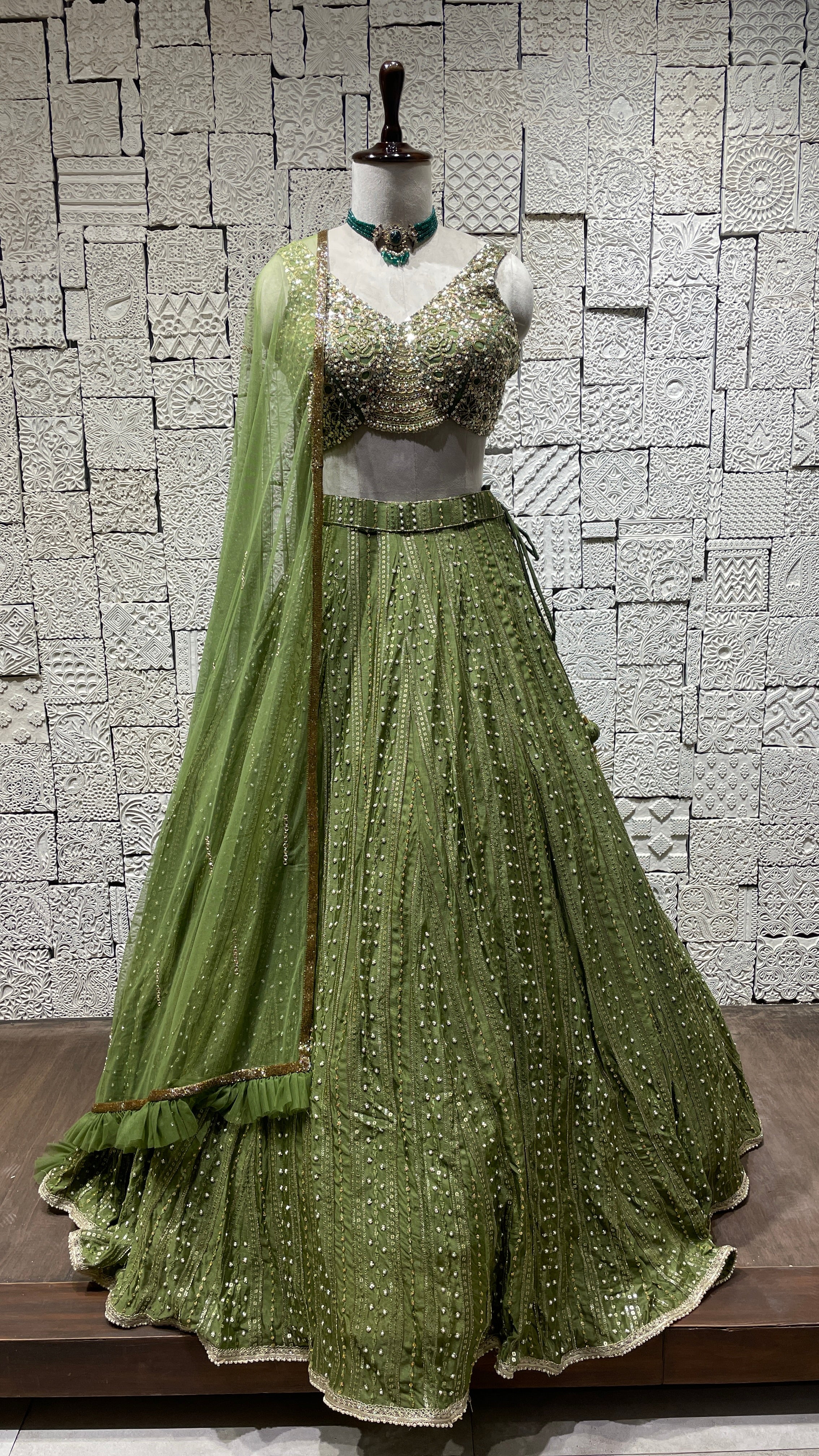 Green Chinon Lehenga with embellishments