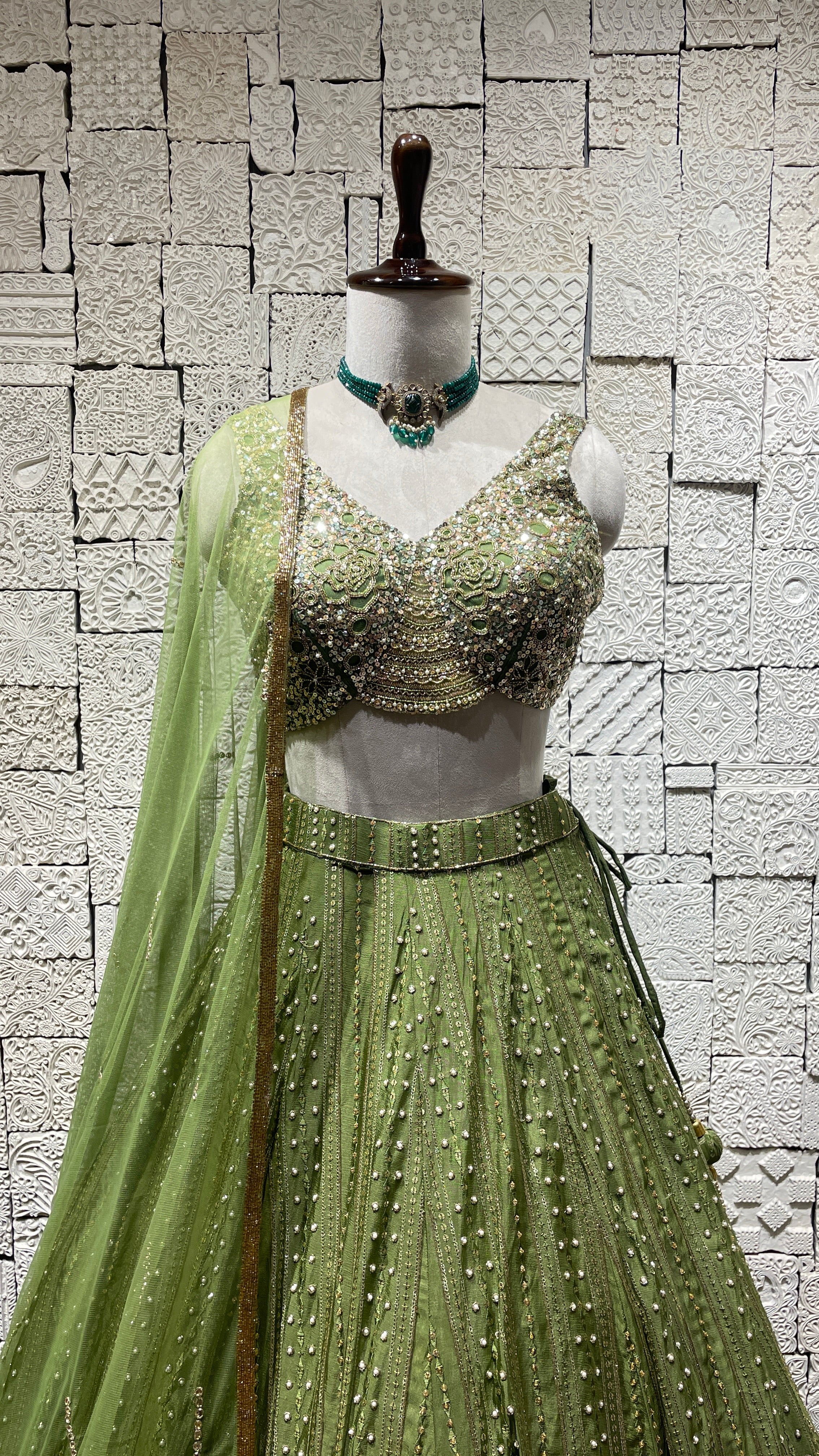 Green Chinon Lehenga with embellishments