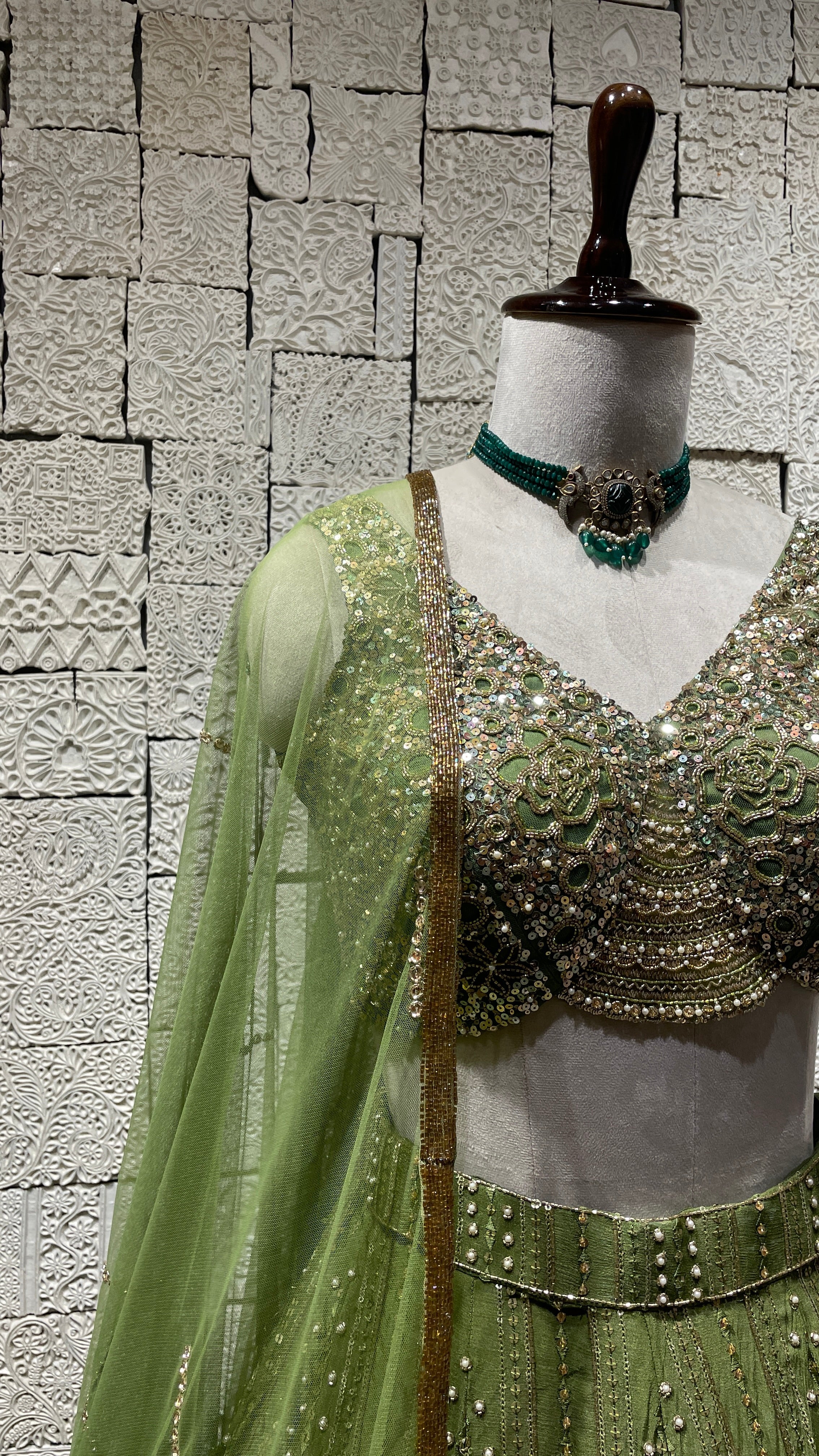 Green Chinon Lehenga with embellishments