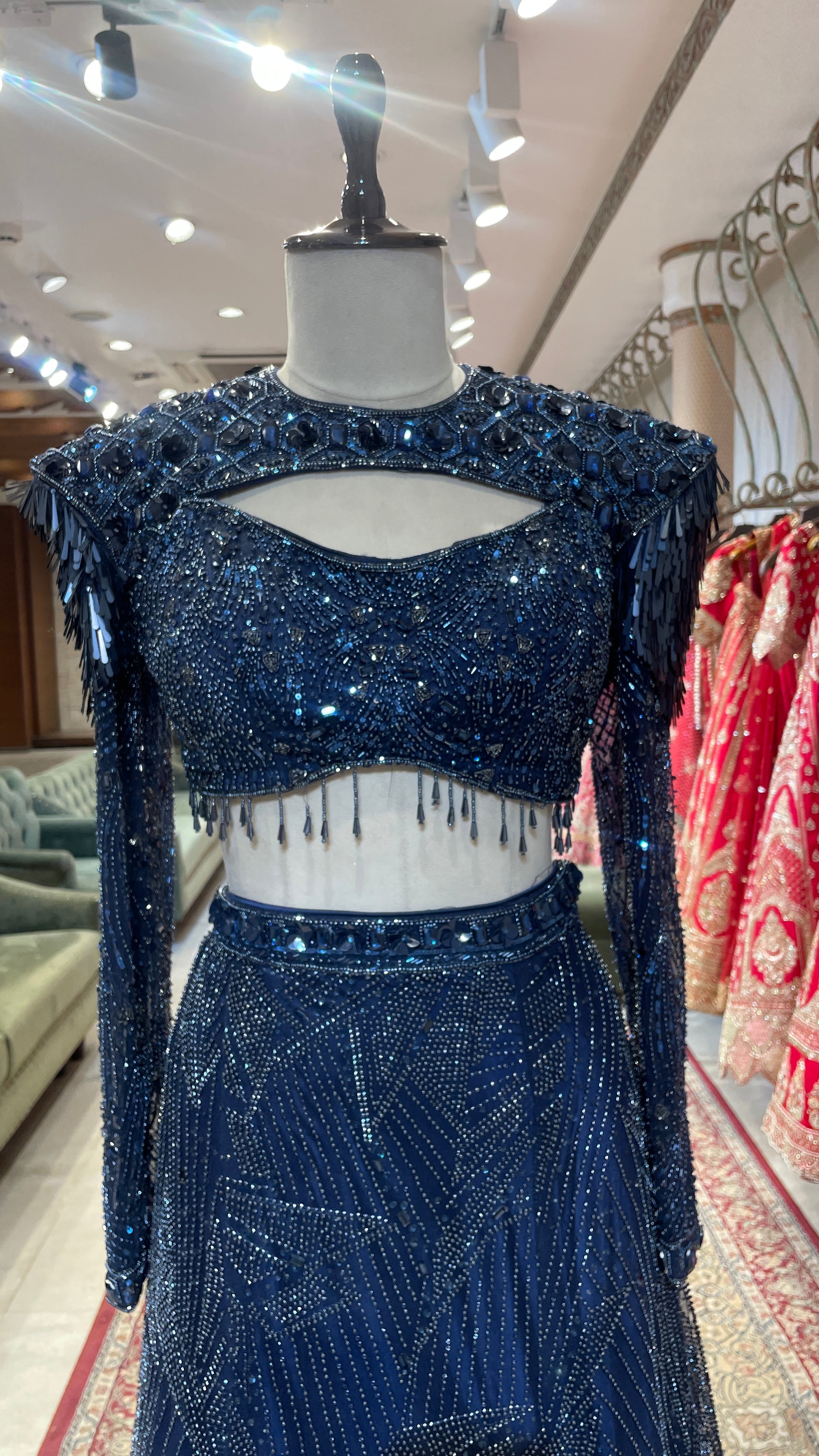 Royal blue net slit skirt lehenga