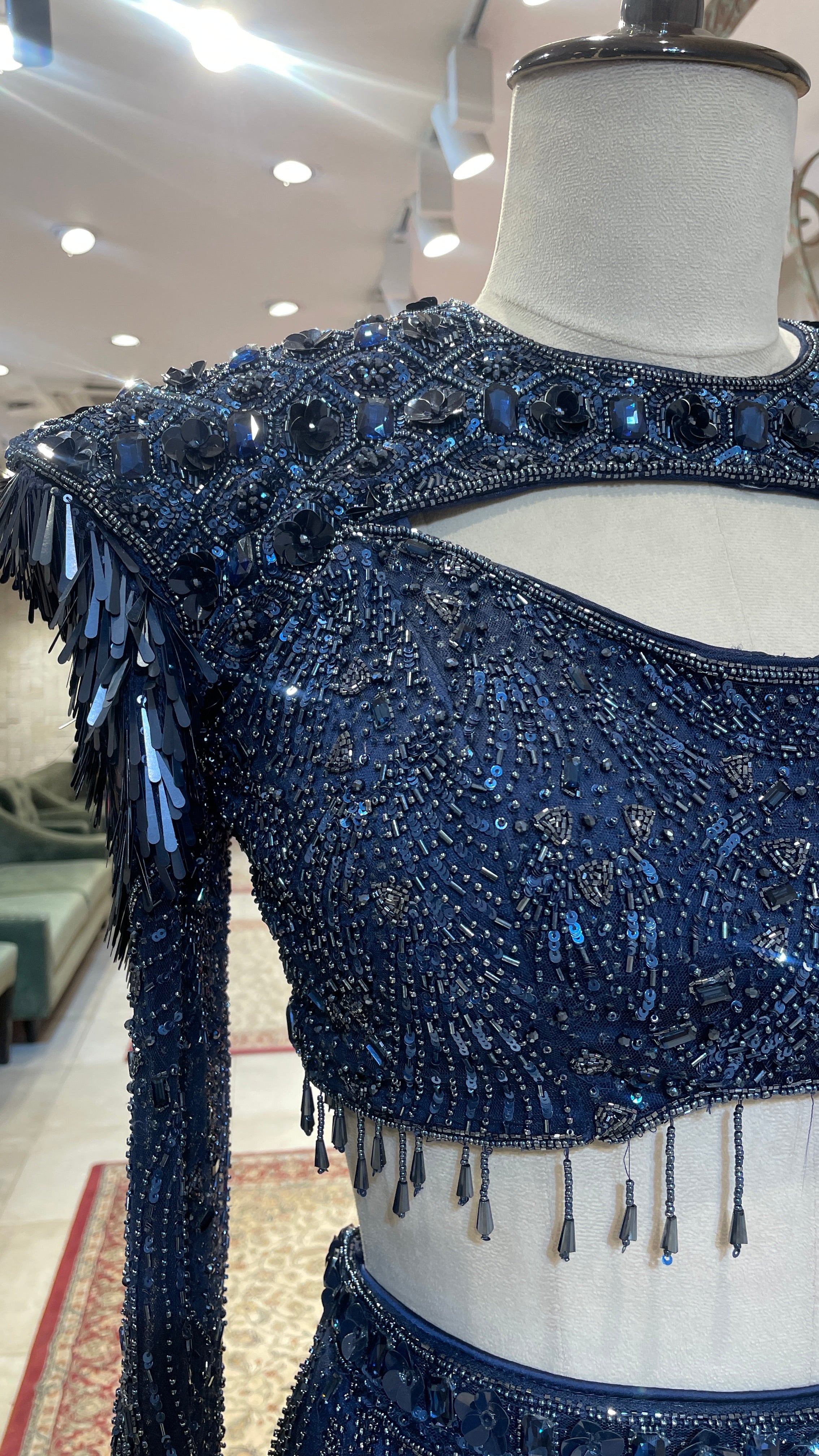 Royal blue net slit skirt lehenga