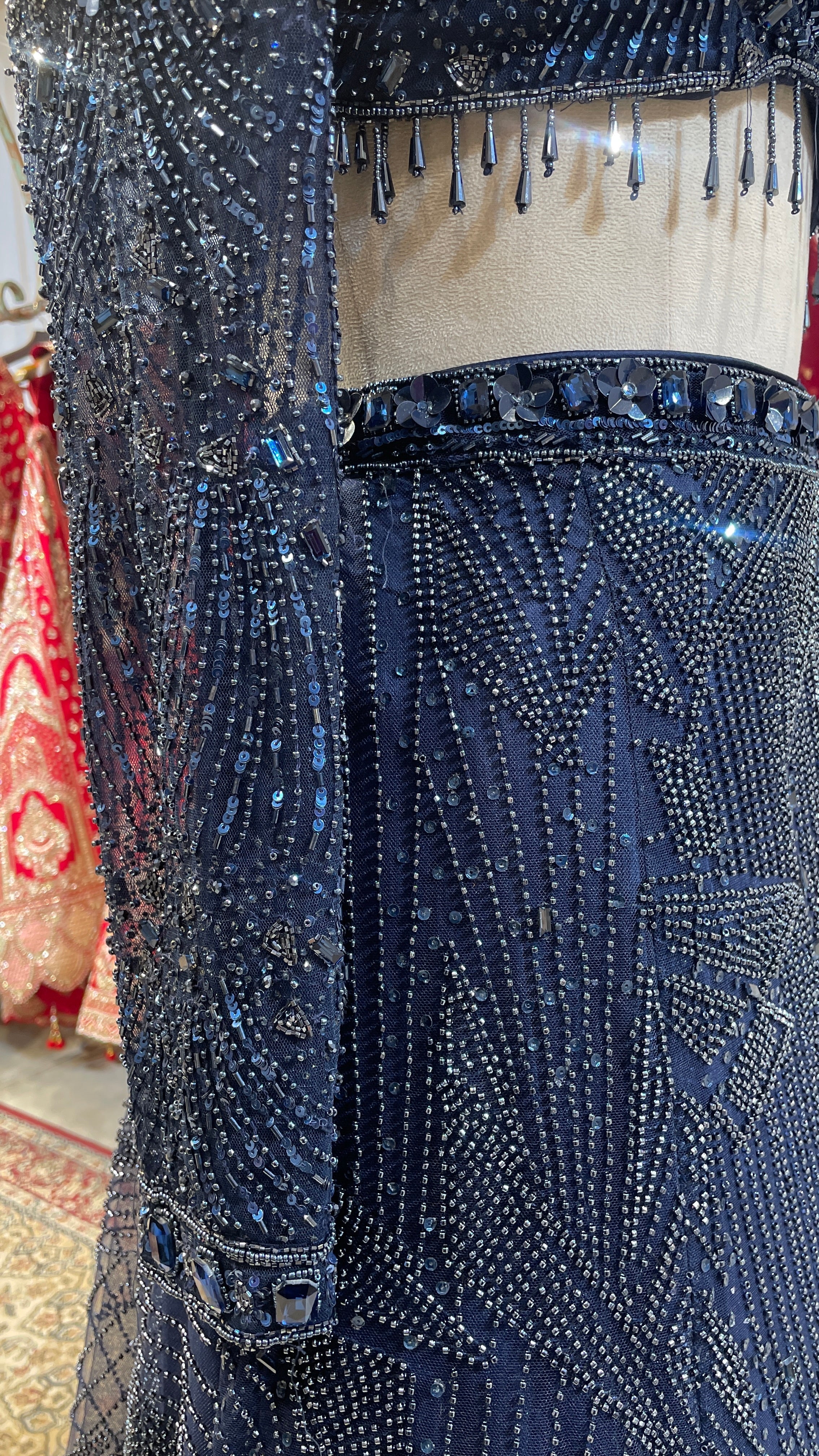 Royal blue net slit lehenga