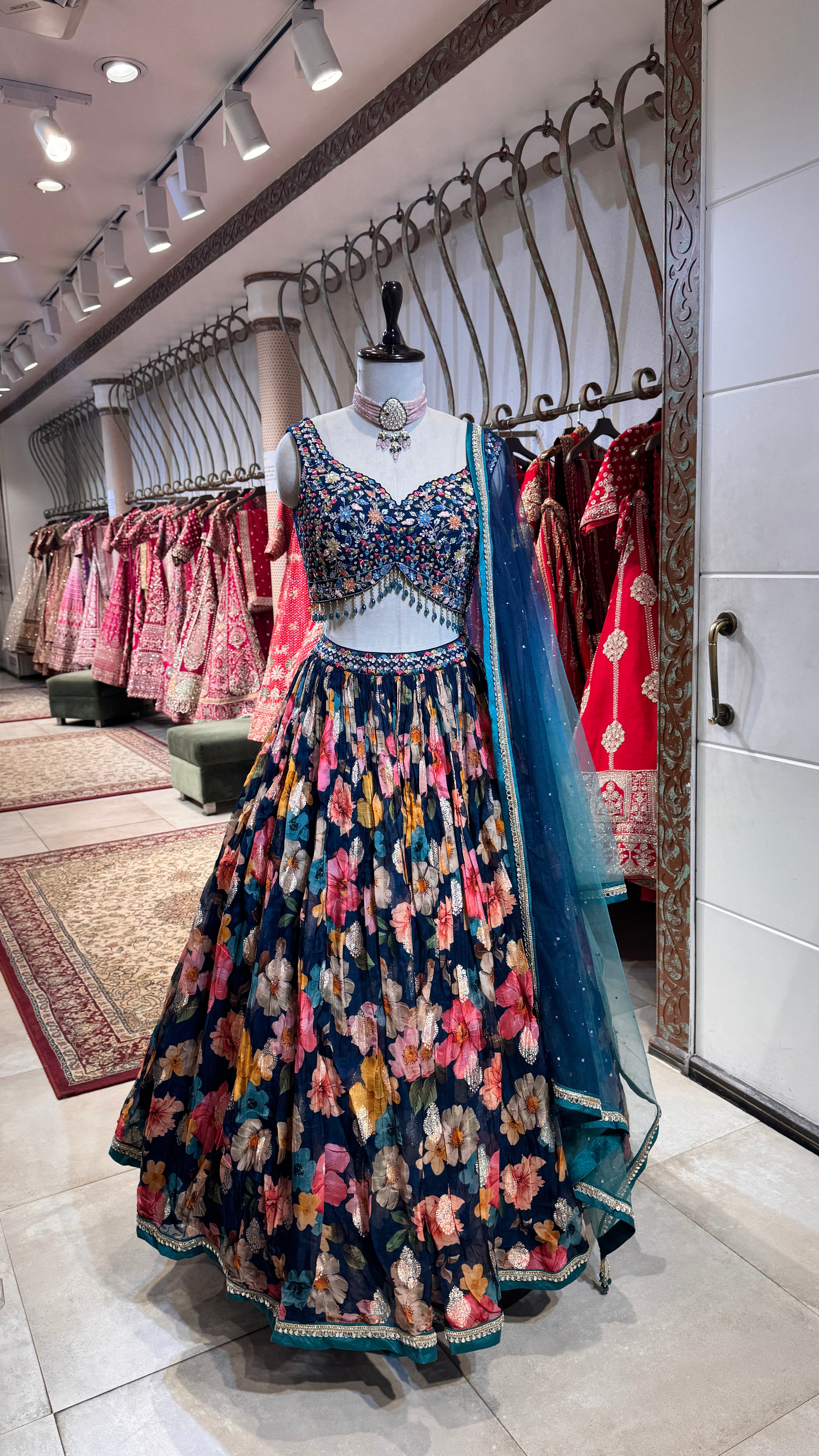 Blue printed floral lehenga