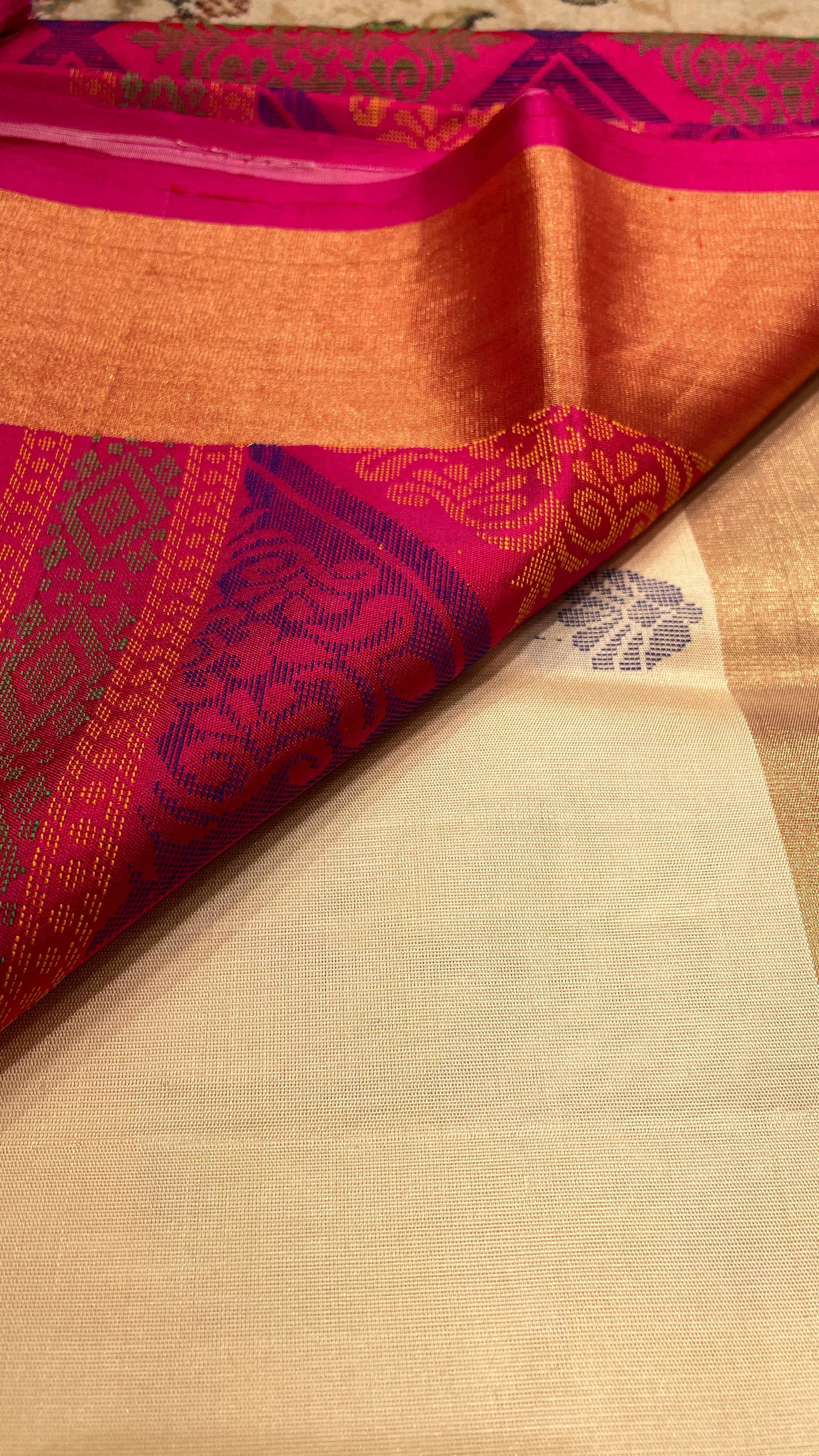 Cream and pink handloom silk saree