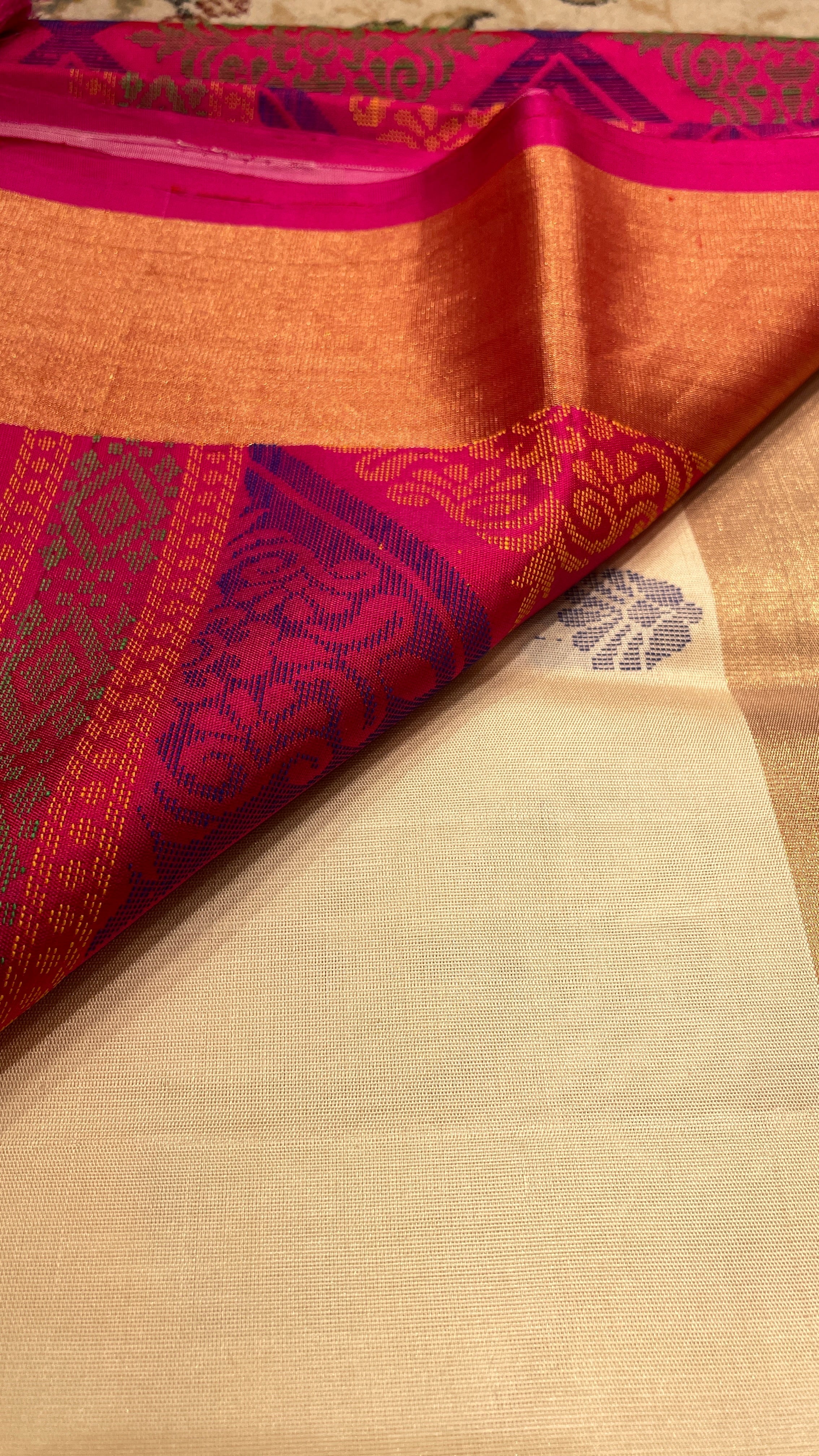 Cream & Magenta Kanjivaram Silk Saree with Rich Golden Zari Pallu
