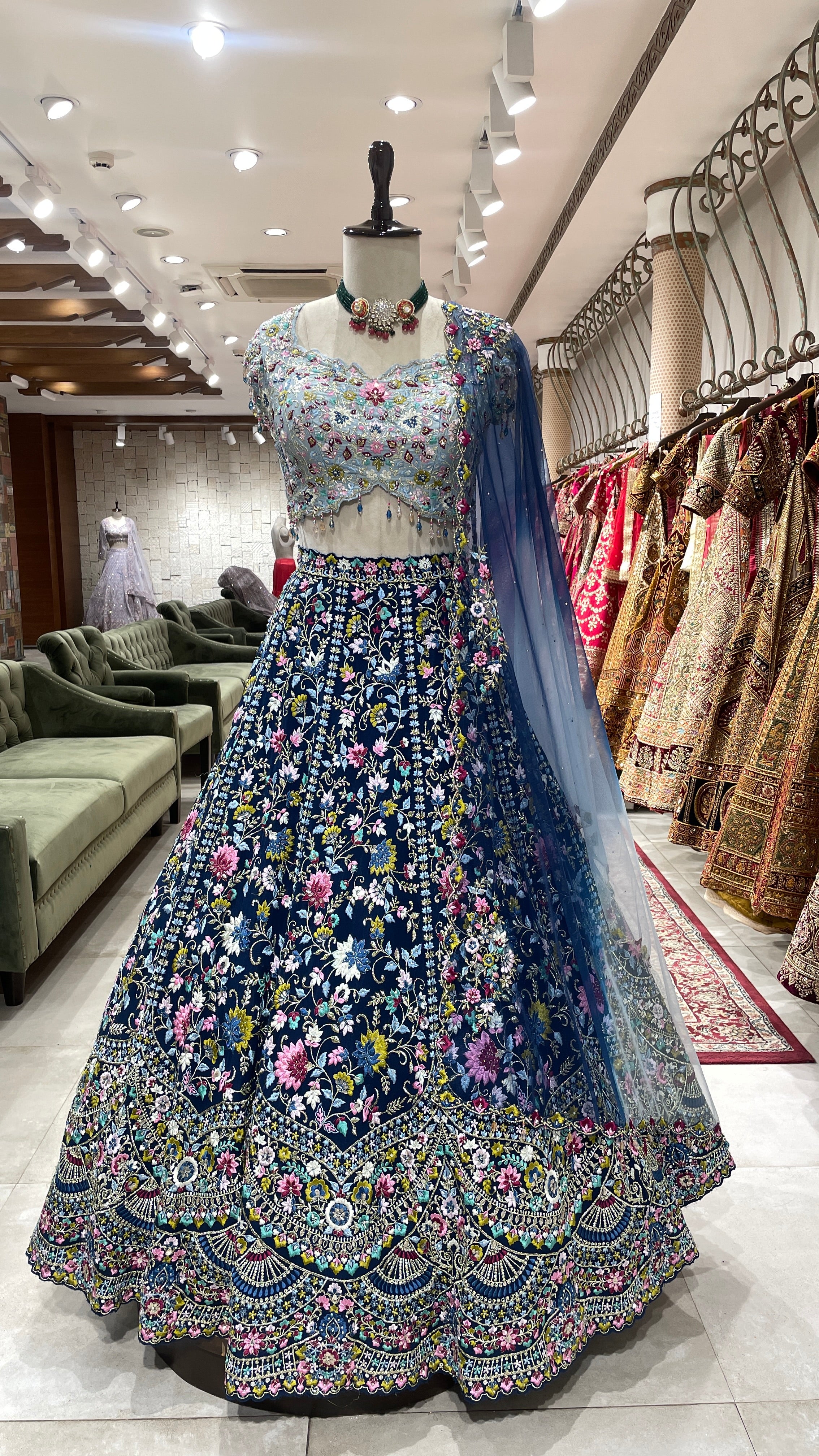 Multicolour threadwork georgette lehenga