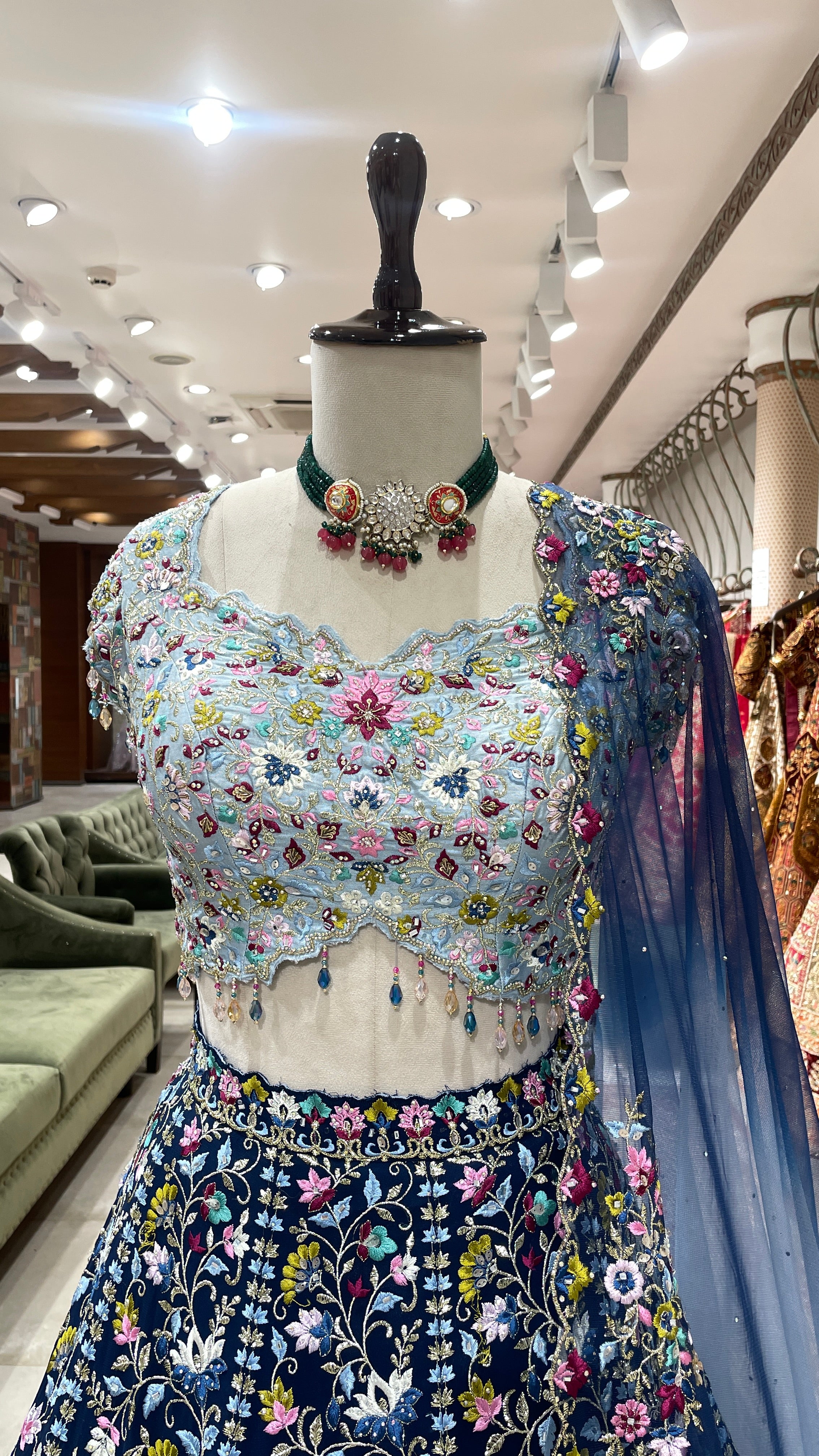 Multicolour threadwork georgette lehenga